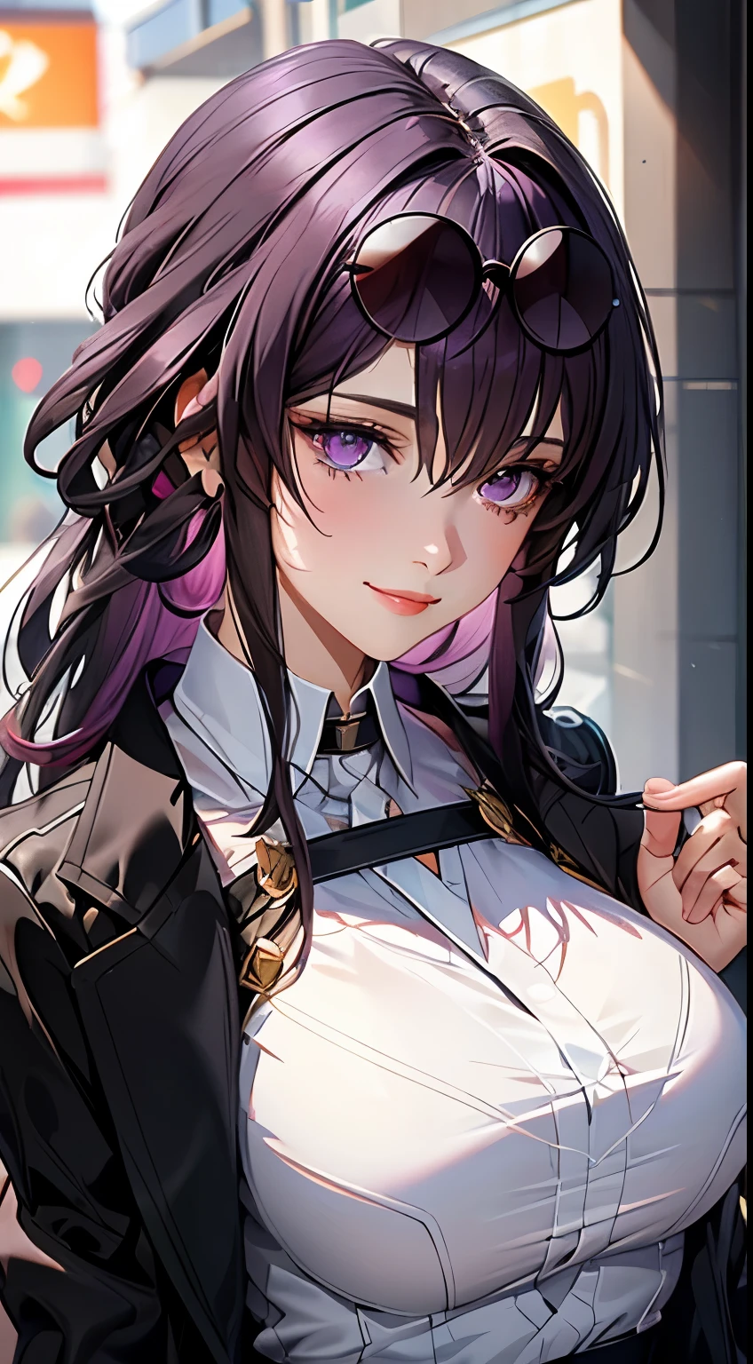 (((masterpiece, best quality, beautiful))), detailed, 1girl, <lora:RocksEyebrowRaise:1>, RocksEyebrowRaise, portrait, raised eyebrow, thick eyebrows, KafkaV4, purple hair, long hair, hair between eyes, bangs, pink eyes, breasts, smile, black jacket, shirt, white shirt, long sleeves, sunglasses, pantyhose, thigh boots, eyewear on hair, <lora:KafkaV4:0.8>