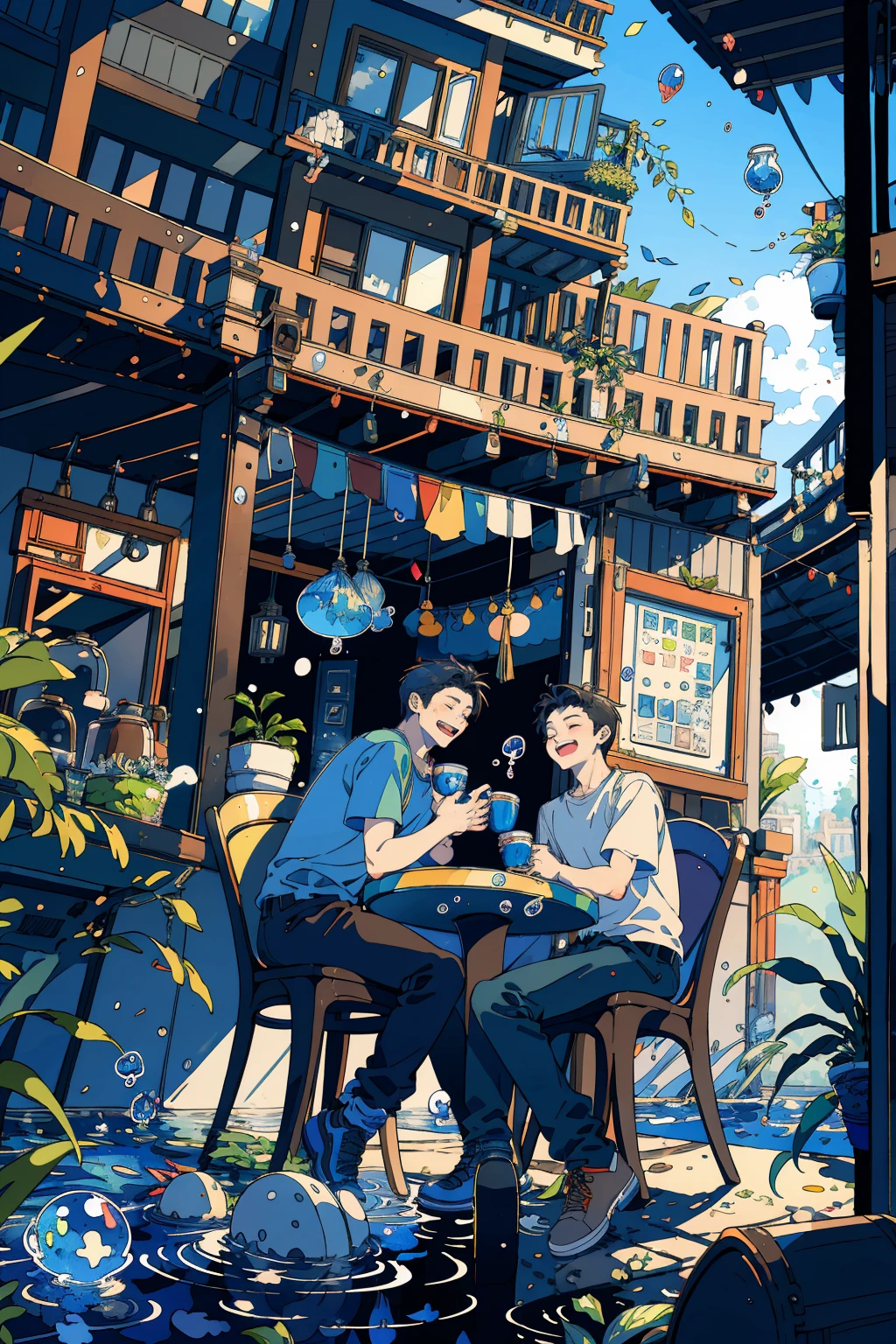 (masterpiece:1.2), best quality,PIXIV, 
fairy tale style, multiple men, 2 man, clock, short sleeves, black hair, sitting, closed eyes, chair, plant, cup, shoes, table, shirt, open mouth, water, fish, signature, bubble, pants, wide shot, leaf, white shirt, smile
 