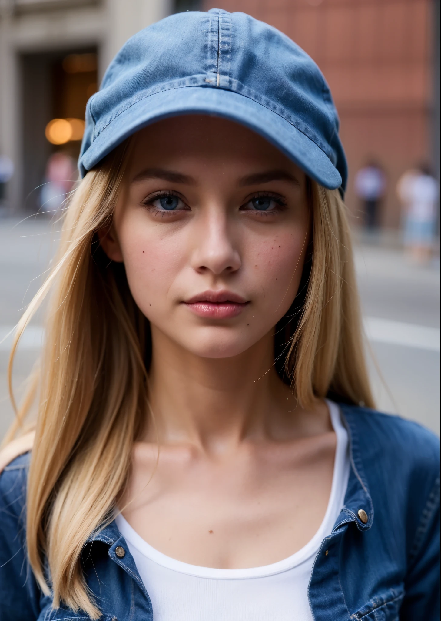 beautiful blonde Woman, blue eyes, in the City, with blue jeans and white top, ((normal look)), No Model