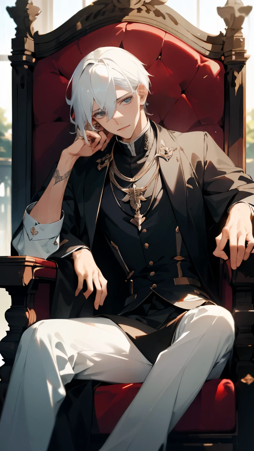 (masterpiece, best quality),1 young man with white hair sitting on a magnificent throne, His hand on the armrest, warm light, black dress, Blurred foreground