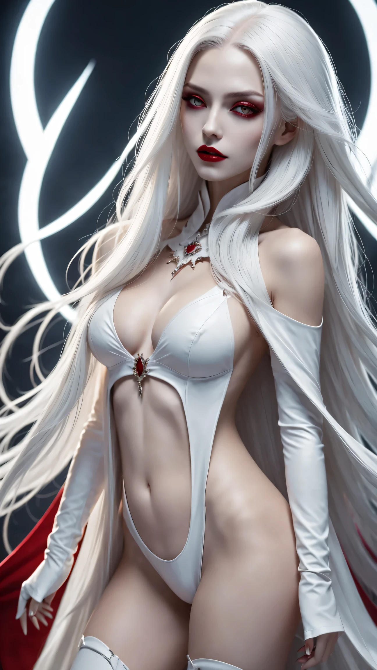 A terrifying and beautiful vampire, bloody fangs, long white hair, Beautiful red lips, complicated eye roll, like a dream, ethereal, belly button,Popular topics on Artstation, white luxury suit, BalenciagaStyle, Royal background,sharp focus,soft light, (best quality,4K,8k,high resolution,masterpiece:1.2),super detailed,(actual,photoactual,photo-actual:1.37)