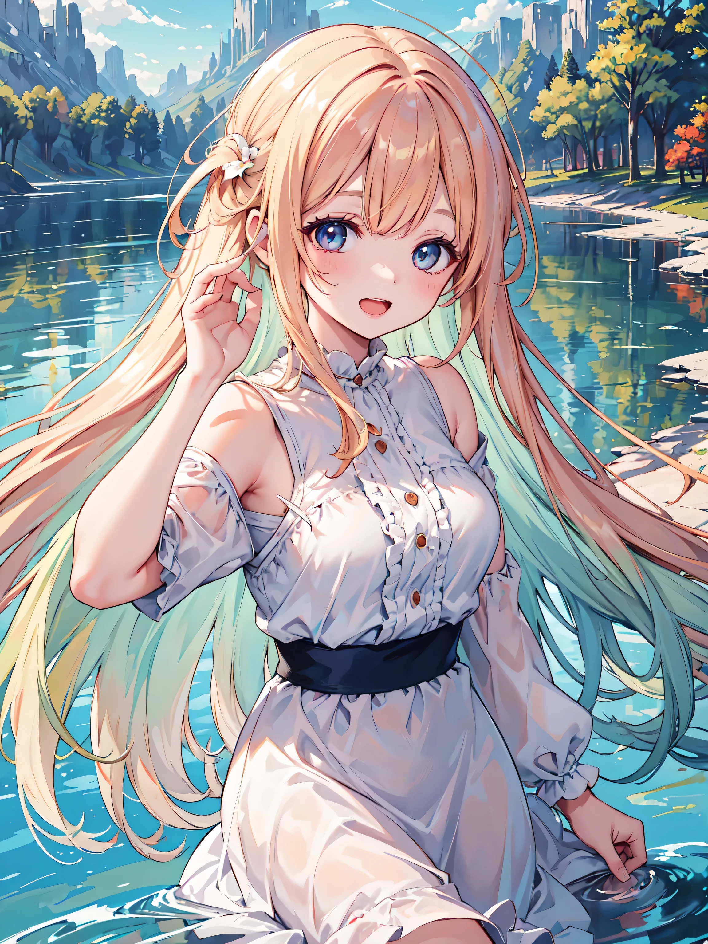 highest quality,portrait,beautiful lake,Girl smiling with open mouth and beautiful detailed eyes,soft natural light,Moderate:oil,super detailed,flowing long hair,expression of joy,calm atmosphere,Bright colors,warm tones.