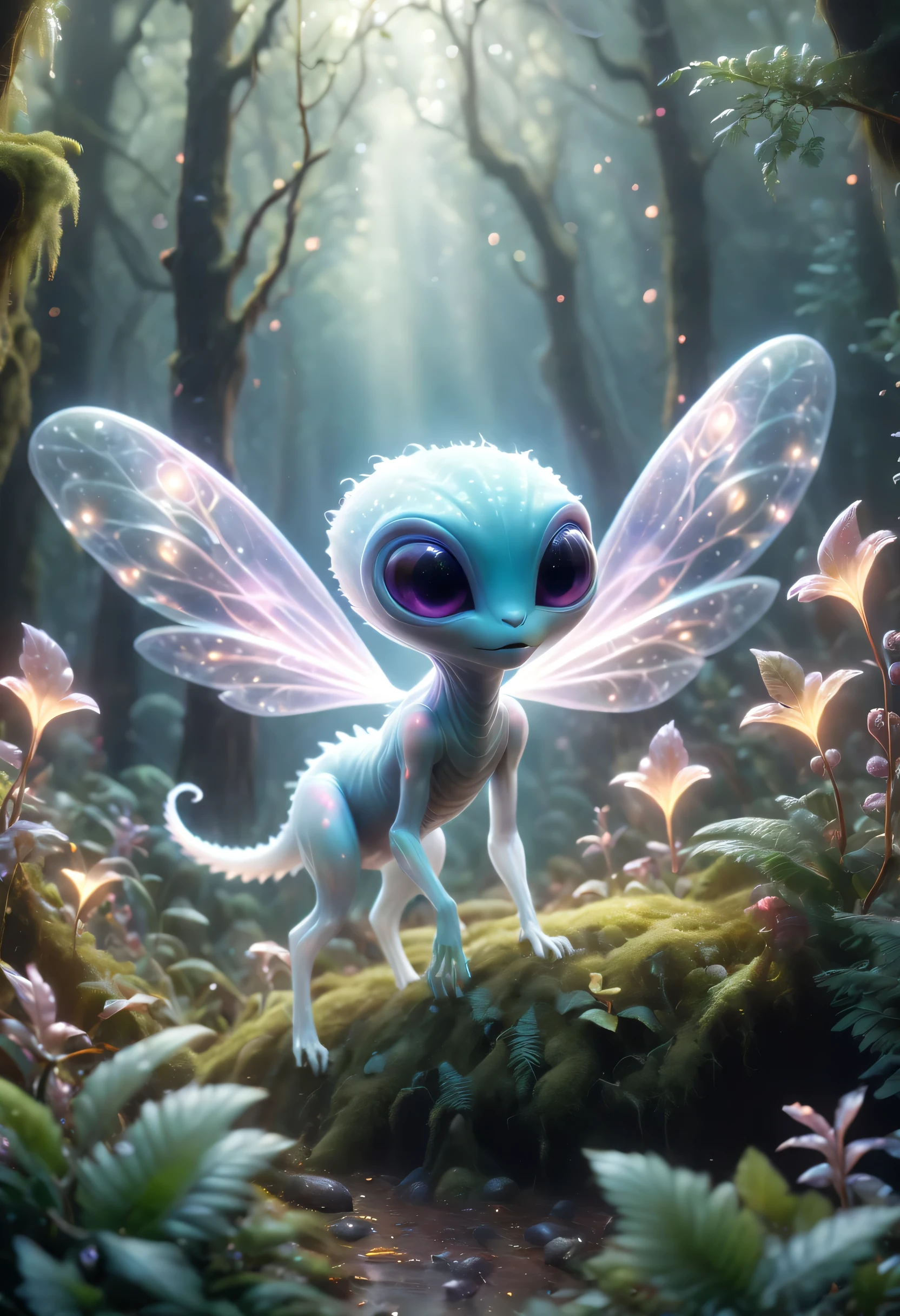 (best quality,4K,8k,high resolution,masterpiece:1.2),Super detailed,(actual,photoactual,photo-actual:1.37),alien forest,cute creature,可怕的alien creatures, powerful electromagnetic waves, lightwave, air flight, angry, transparent, long legs, glowing plants, Magic wand, fantasy landscape, bright colors, Glowing atmosphere, Whimsical creatures, otherworldly flora, charming scenery, mysterious aura, enchanted surroundings, alien creatures, mesmerizing charm, Ethereal atmosphere, suractual elements, cosmic energy, Fantasy realm, fantastic environment, surreal creature, EnchantingForest, imaginary world, magical terrain, Whimsical plants, mood lighting, vibrant leaves, Ethereal presence, otherworldly light, Fascinating details, Complex textures, radiant colors