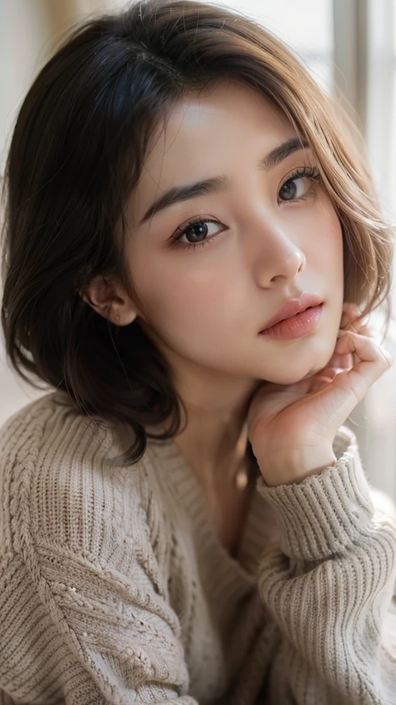 (the Extremely Detailed CG Unity 8K Wallpapers,masutepiece, Best Quality, Ultra-detailed, Looking at the camera:1.2, Light on Face:1.5, Gray background, profetional lighting:1.25, inside in room), Lives in Japan 30-Old Female、short-hair, A dark-haired, Plump facial contours:1.5, (tthin eyebrows:1.25), Big shining eyes, Undersized nose, Soft mouth, slender physique, (Shirt under sweater), Sincere impression,