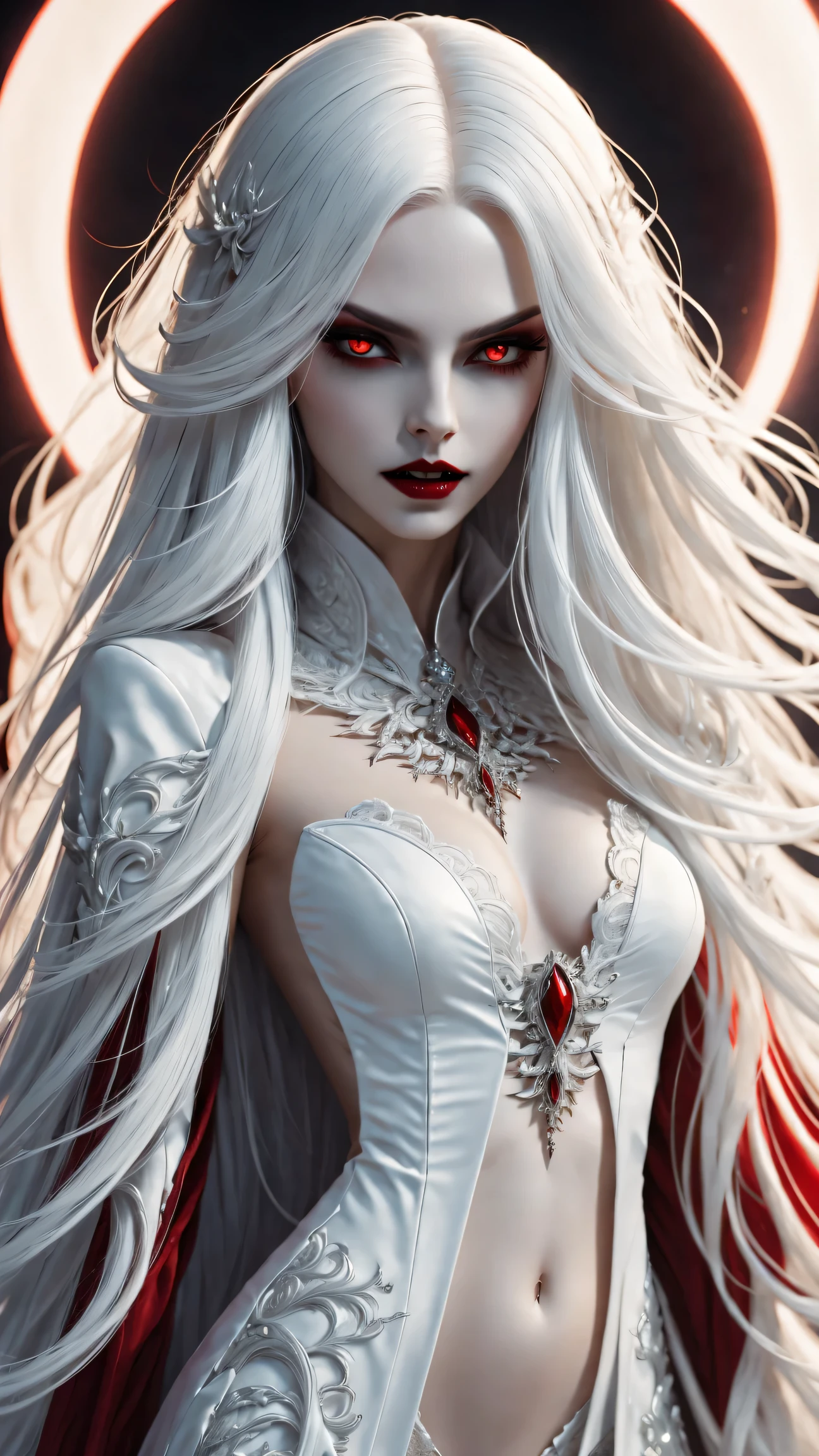 A terrifying and beautiful vampire, bloody fangs, long white hair, Beautiful red lips, complicated eye roll, like a dream, ethereal, belly button,Popular topics on Artstation, White luxury dress, BalenciagaStyle, Royal background，sharp focus，soft light, (best quality,4K,8k,high resolution,masterpiece:1.2),super detailed,(actual,photoactual,photo-actual:1.37)