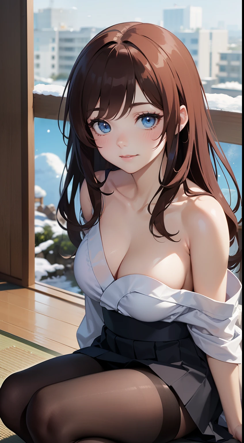 ((masterpiece, best quality, high resolution, ultra high definition, Pixel perfect, depth of field, 4K, RTX, human development report))), 1girl in, single, alone, Beauty、see whole body、 ((long hair, Short Liuhai, reddish brown hair)), ((blue eyes, beautiful eyelashes, realistic eyes)), ((Detailed face, blush:1.2)), ((smooth texture:0.75, lifelike质感:0.65, lifelike:1.1, Anime CG style)), medium breasts, Perfect body, (( Japanese Yukata,Fold skirt,Black tights)), Smile, Sitting in a hot spring in a charming position, (wind blows hair，bare shoulders、exposing her chest、Black tights) , It snows at night