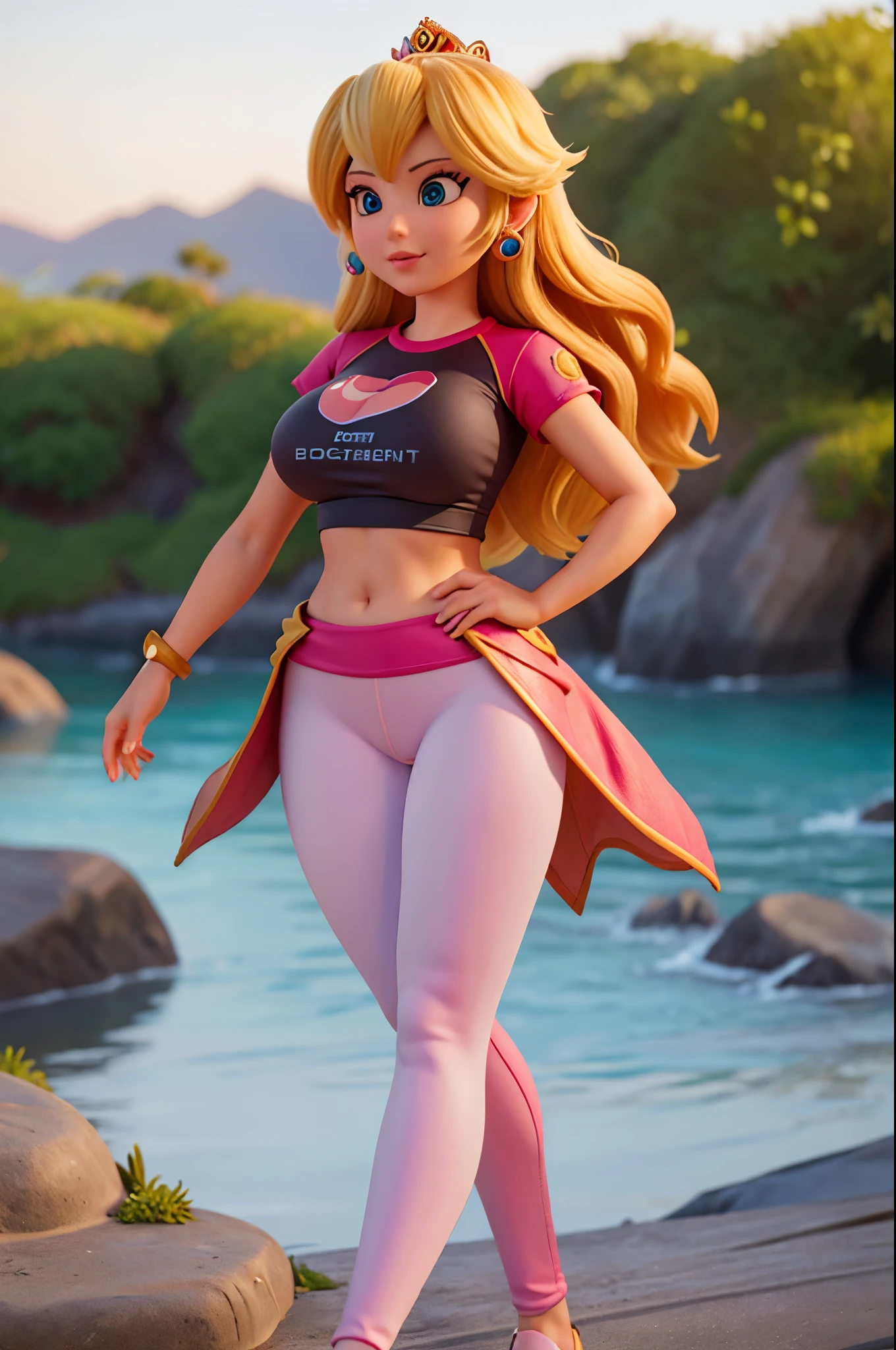 All textures in high quality and realistic details on clothing and leather, princess peach, yoga pants, t-shirt, beach