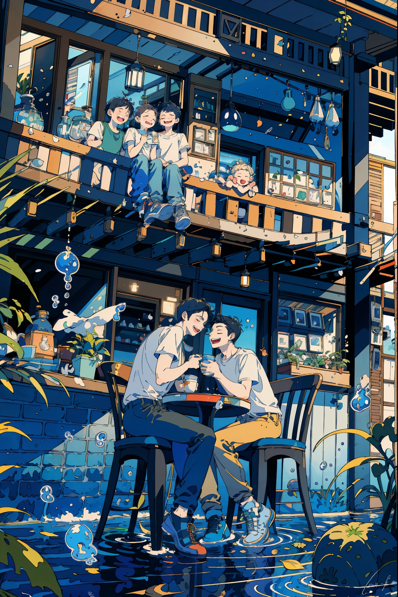 (masterpiece:1.2), best quality,PIXIV, 
fairy tale style, multiple men, 2 man, short sleeves, sitting, closed eyes, chair, plant, cup, shoes, table, shirt, open mouth, water,  signature, bubble, pants, wide shot, leaf, smile
 