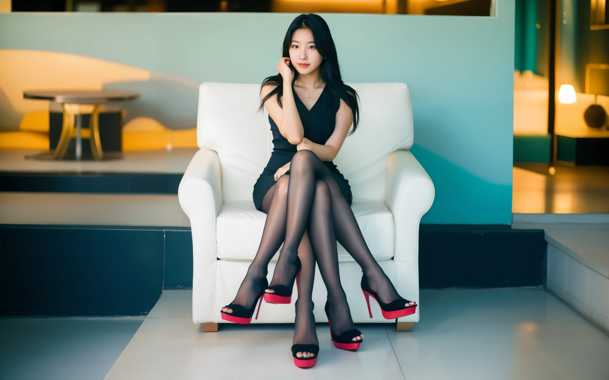 Additional weapons, A woman posing for a photo, black dress, curvy arms, long hair, black hair, have, incredibly beautiful, strong posture, very beautiful, arms aside, multiple legs!, show legs,curvy arms，Armpit and shoulder fusion, normal hand, slender figure, 21 years old, Upper body shot, Korean