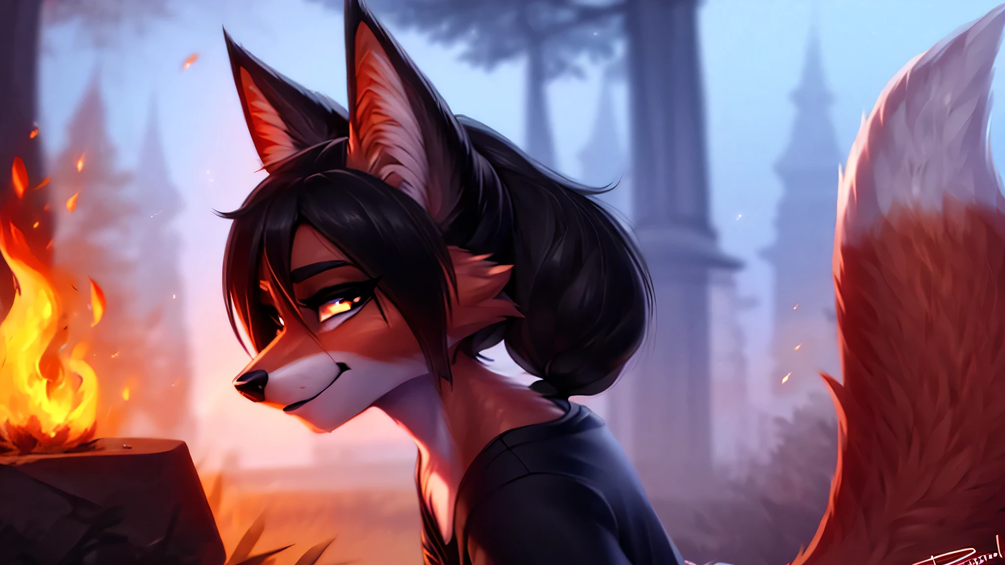 The fox girl looks sloppy,Dark haired ponytail mulatto, fire, Black T-shirt, fire焰, elegant, number, concept art, sharp focus, illustration