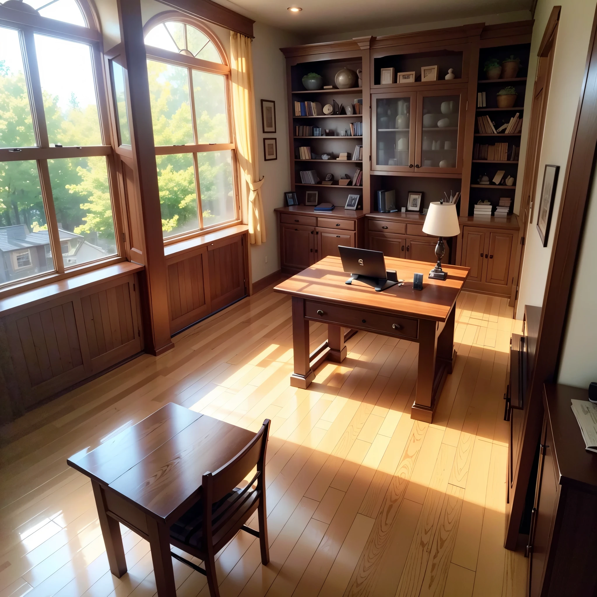 Inside the study, display case, desk, computer, ergonomic chair, hardwood floor 