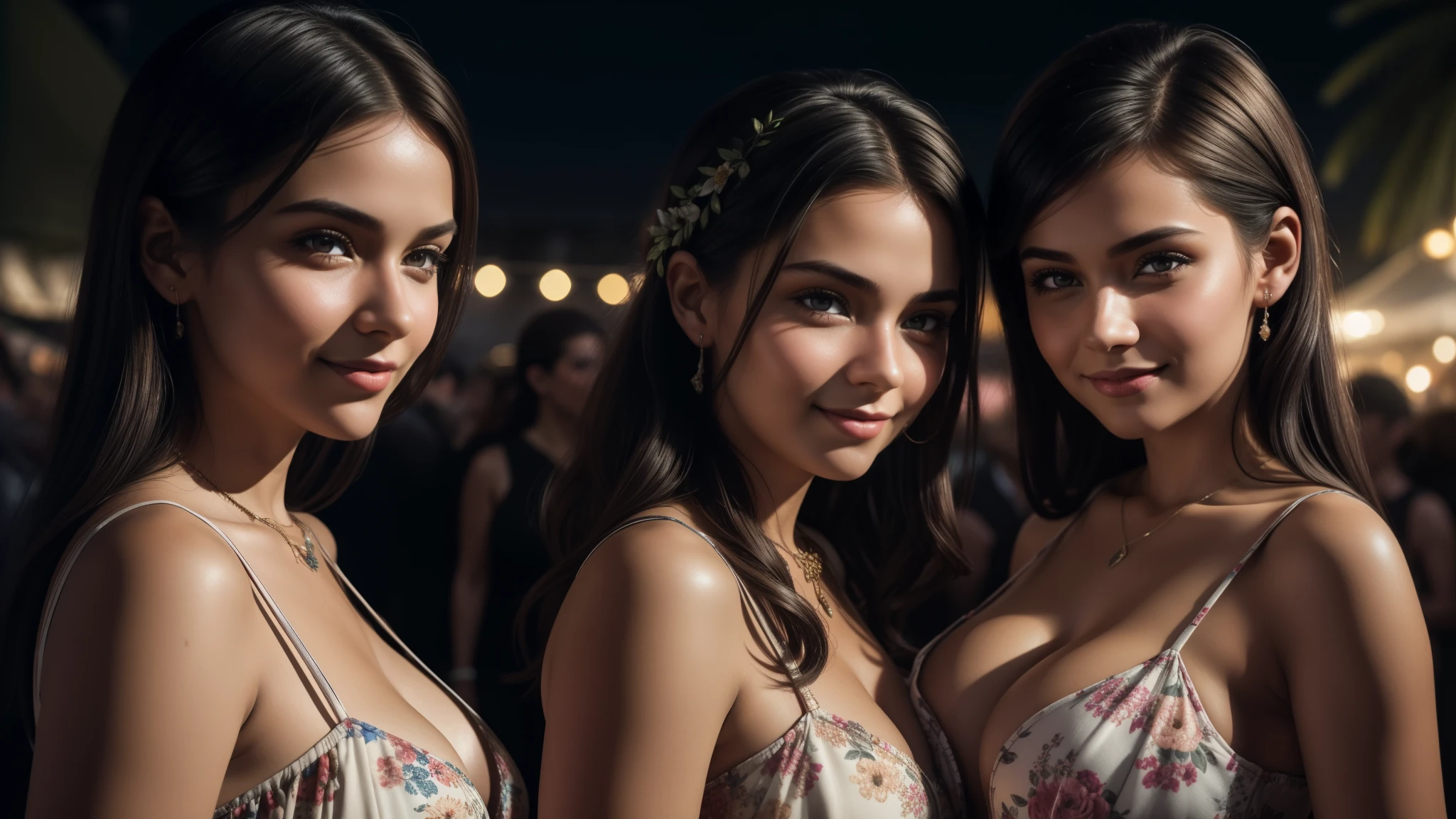 Capture a photorealistic, hyper-detailed image of 2 girls together in a single frame, smiling, Dark hair, wolf cut hair, big breasts:1.3, one is a curvy Russian woman in a mini floral dress at a rave party in the Caribbean. Another is a Russian girl who is of average build, with small . realistic skin texture. party in the background. Use film grain and ambient street lighting to create vintage shadows. evening. Export in RAW with a 'vintage elegance' Instagram LUT