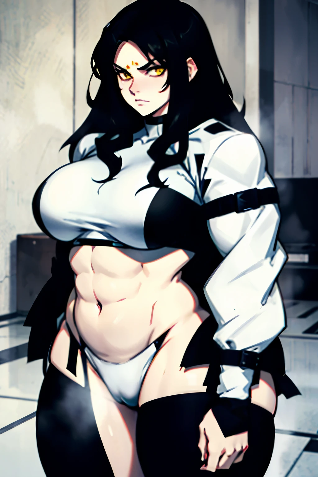black hair yellow eyes pale skin girl muscular thick thick sad thick