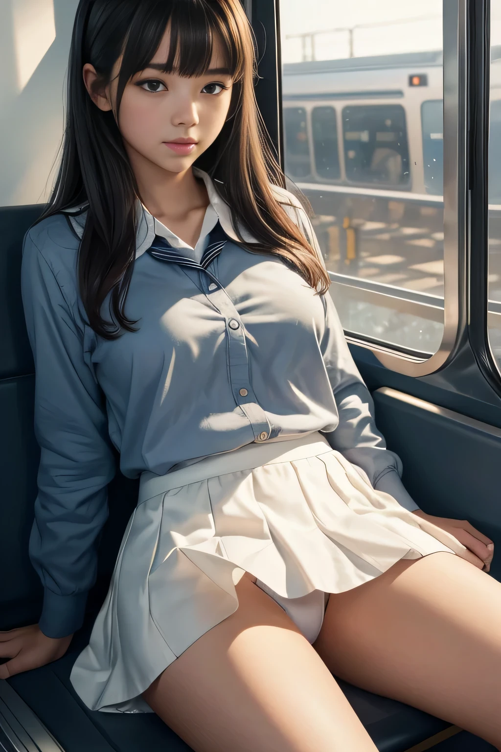 (realistic:1.3), face with shadow, written boundary depth, school uniform, 
beautiful detailed illustration,great art,(((very detailed))),
1 girl sitting,bangs,high school girl,sleep,close your eyes,white panties,skirt,
cowboy shot,from before
,(((very detailed))),in the train, a young woman is sleep contentedly. Through the gap between her legs and skirt, I can see her panties. Because the car is shaking, Calm facial expressions and gentle breathing create a calm atmosphere..
,(((very detailed)))