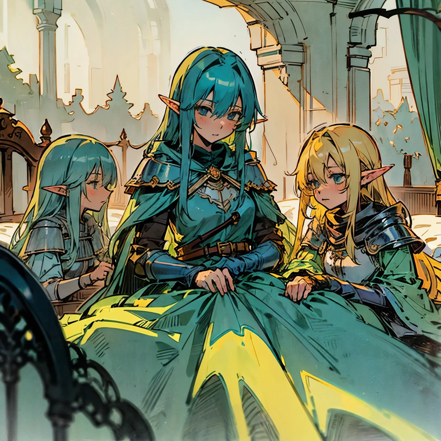Cozy bedroom, Cozy bed, POV, (lying in bed, 3 people laying on one bed) 3 girls, mage[Green hair, shy] , elf archer[Blonde hair, confident] and a knight[Blue hair, calm] (3 girls in great detail), all siting together, sleepover, blond on right 