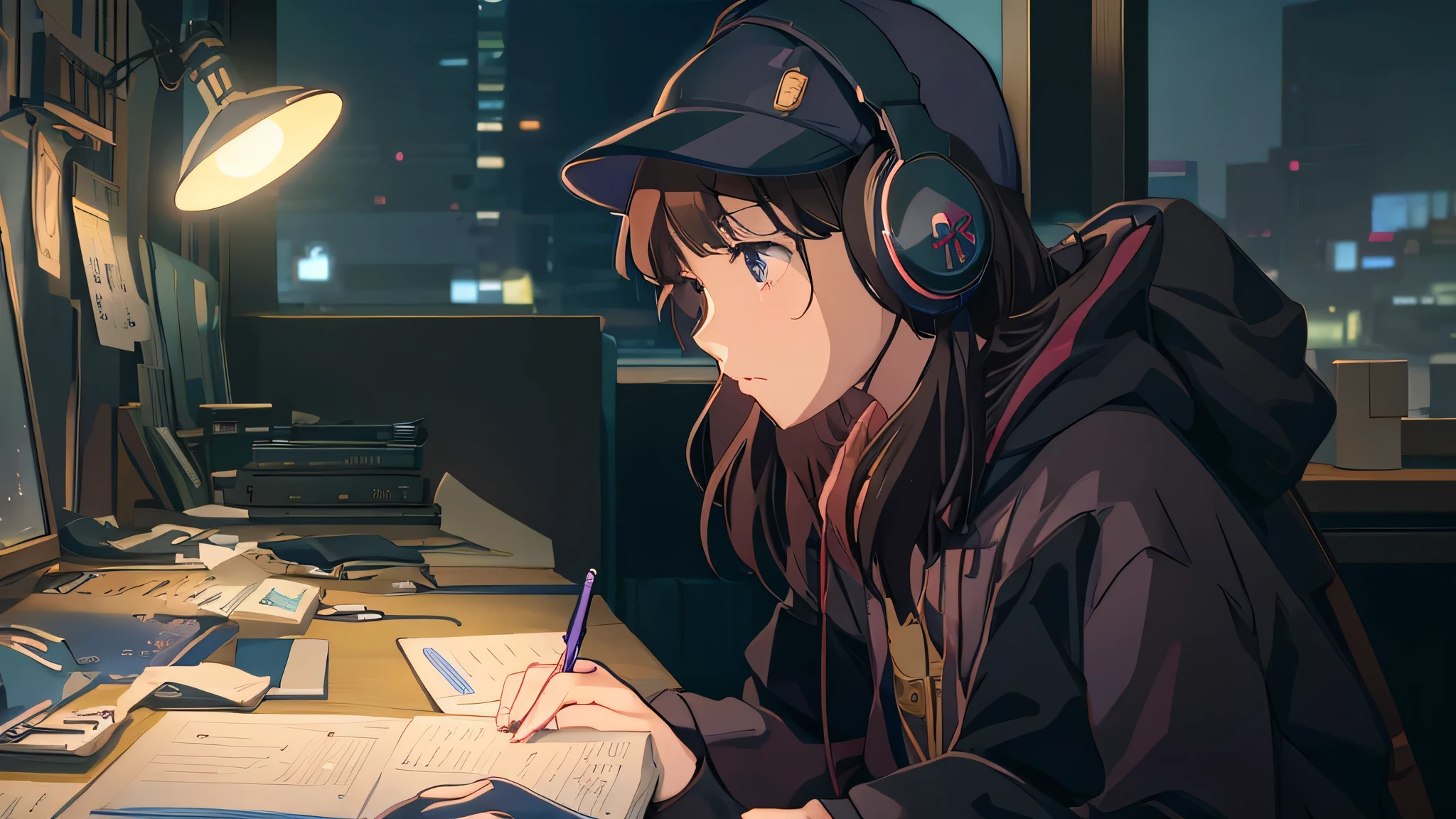 Anime girl wearing headphones and writing in a notebook while sitting at a desk, lofi girl, tokyo anime scene, anime movie screenshots, This is a continuation of the TV anime., Makoto Shinkai Style, Still from the anime, lofi art style, anime peripheral, Animated movie yet, anime atmosphere, kyoto animation still, in the anime film, Anime keyframes, animated movie scene