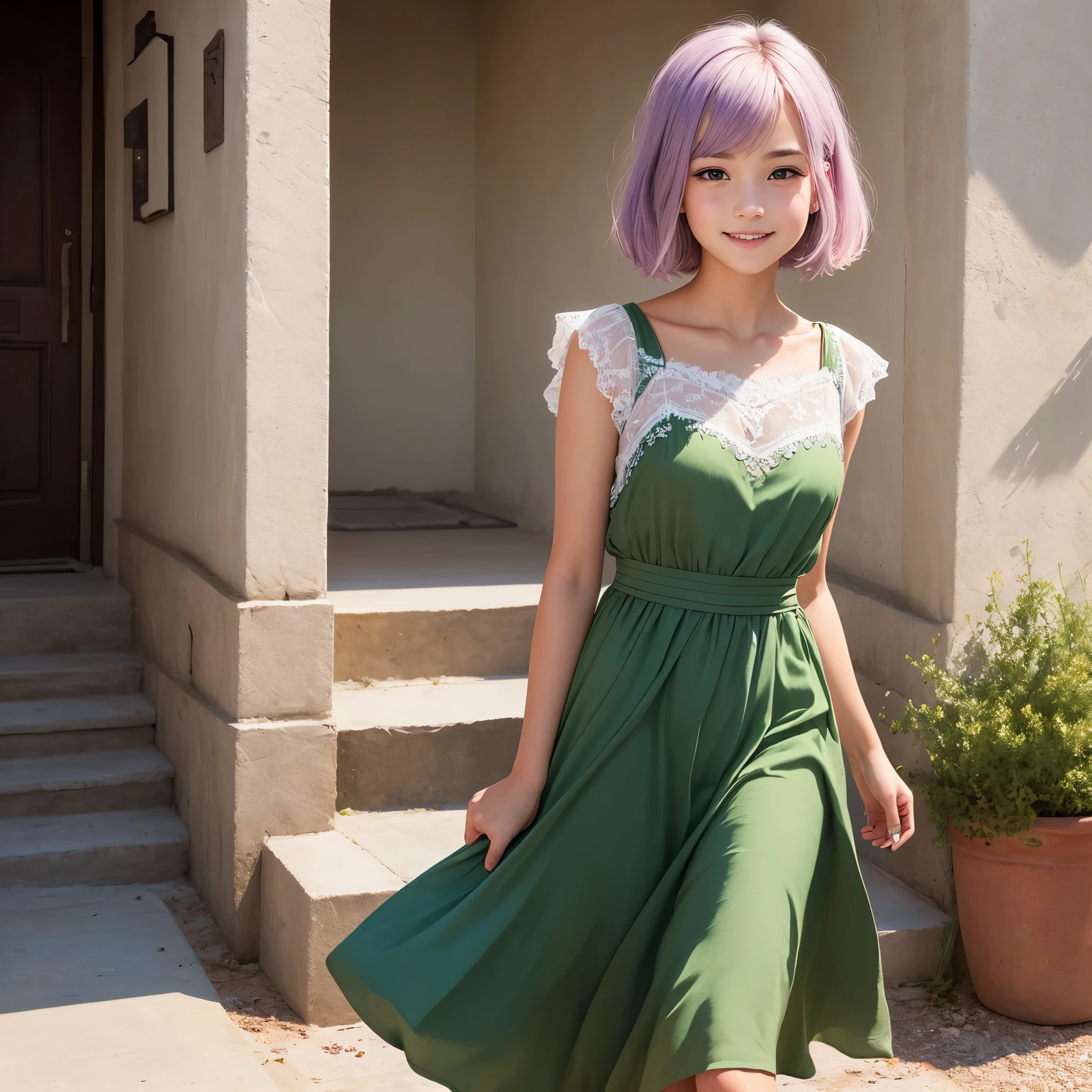 "A , with the highest quality, realistic rendering, simple background, standing peacefully. Her yellow-green hair, which is close to a short bob in front and tied in a single knot at the back, frames her fair-skinned face. With a charming smile playing at the corners of her closed mouth, she is wearing a lilac-colored dress with burgundy trim. The intricate details of her outfit and the graceful folds of the fabric testify to the highest quality of the masterpiece.
