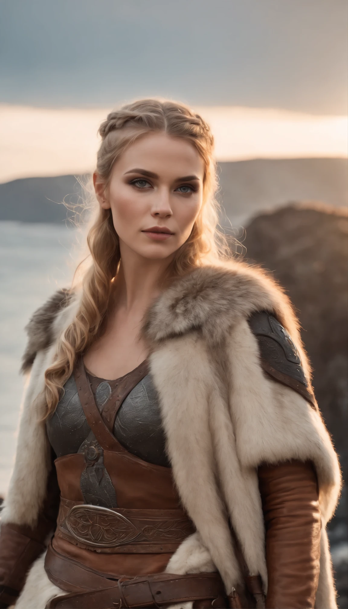 Full-length ultrarealistic photoshoot of very beautiful Viking woman, in style of The modern Valkyrie from Instagram, smoky eyes make up, tattoos on the body in the form of ancient northern runes, donning fur-lined armor, holding a viking sword, standing proudly on a rocky shore with Viking longships in the background, sunset, spotty sunlight