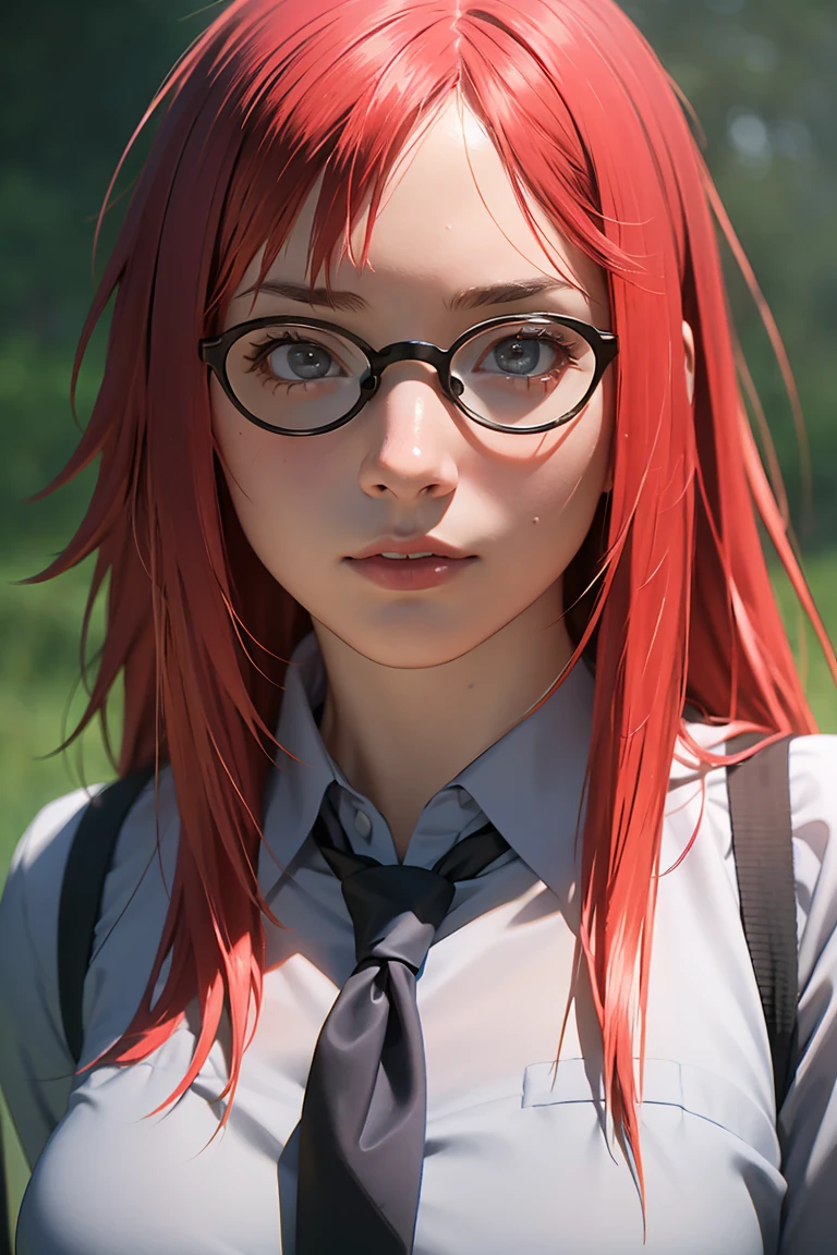 (((masterpiece, best quality, photo realistic))), (shiny skin), anatomically correct, delicated drawn hands and fingers, Cinematic lighting, physically-based rendering, award-winning, extremely detailed skin, extra detailed face, eyes with beautiful details, Carl Zeiss 85 mm F/1.4, BREAK, (1girl, solo), very cute 16-year-old girl is wearing Japanese school uniforms, (glossy pink hair, long hair, bangs, glasses, medium breasts), white collared shirt, satin fabric red stripe necktie, looking for camera, no expression, standing, (ID photo), extreme close shot, face focus, view from forward, blue red background,