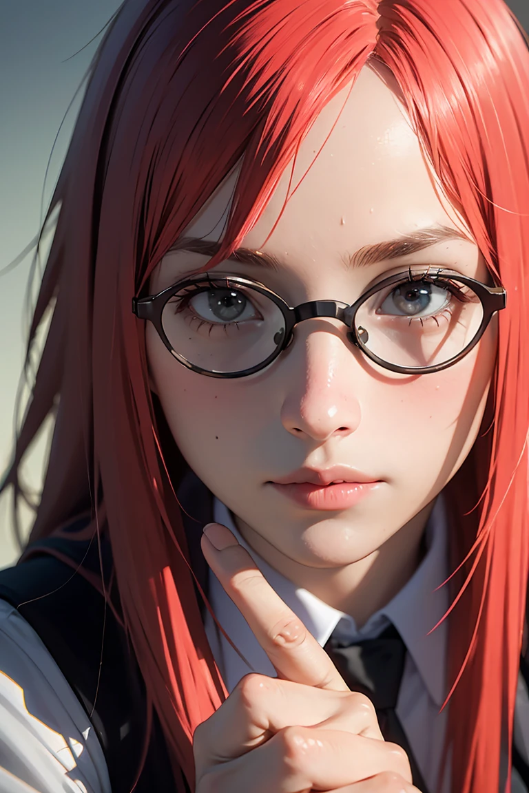 (((masterpiece, best quality, photo realistic))), (shiny skin), anatomically correct, delicated drawn hands and fingers, Cinematic lighting, physically-based rendering, award-winning, extremely detailed skin, extra detailed face, eyes with beautiful details, Carl Zeiss 85 mm F/1.4, BREAK, (1girl, solo), very cute 16-year-old girl is wearing Japanese school uniforms, (glossy pink hair, long hair, bangs, glasses, medium breasts), white collared shirt, satin fabric red stripe necktie, looking for camera, no expression, standing, (ID photo), extreme close shot, face focus, view from forward, blue red background,