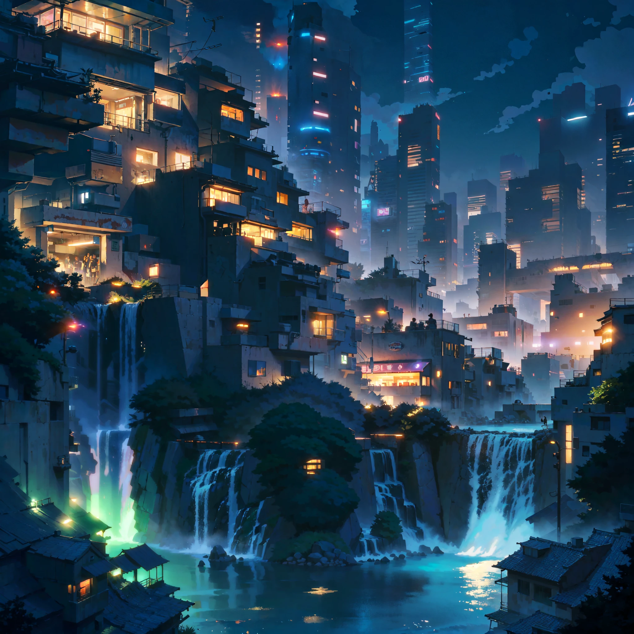 anime city at night with waterfall and waterfall in foreground, andreas rocha style, inspired by Andreas Rocha, lush foliage cyberpunk, ross tran. scenic background, the style of andreas rocha, anime background art, futuristic cyberpunk tokyo night, anime scenery concept art, by Andreas Rocha, anime style cityscape, beautiful cityscape, hd anime cityscape, amazing wallpaper