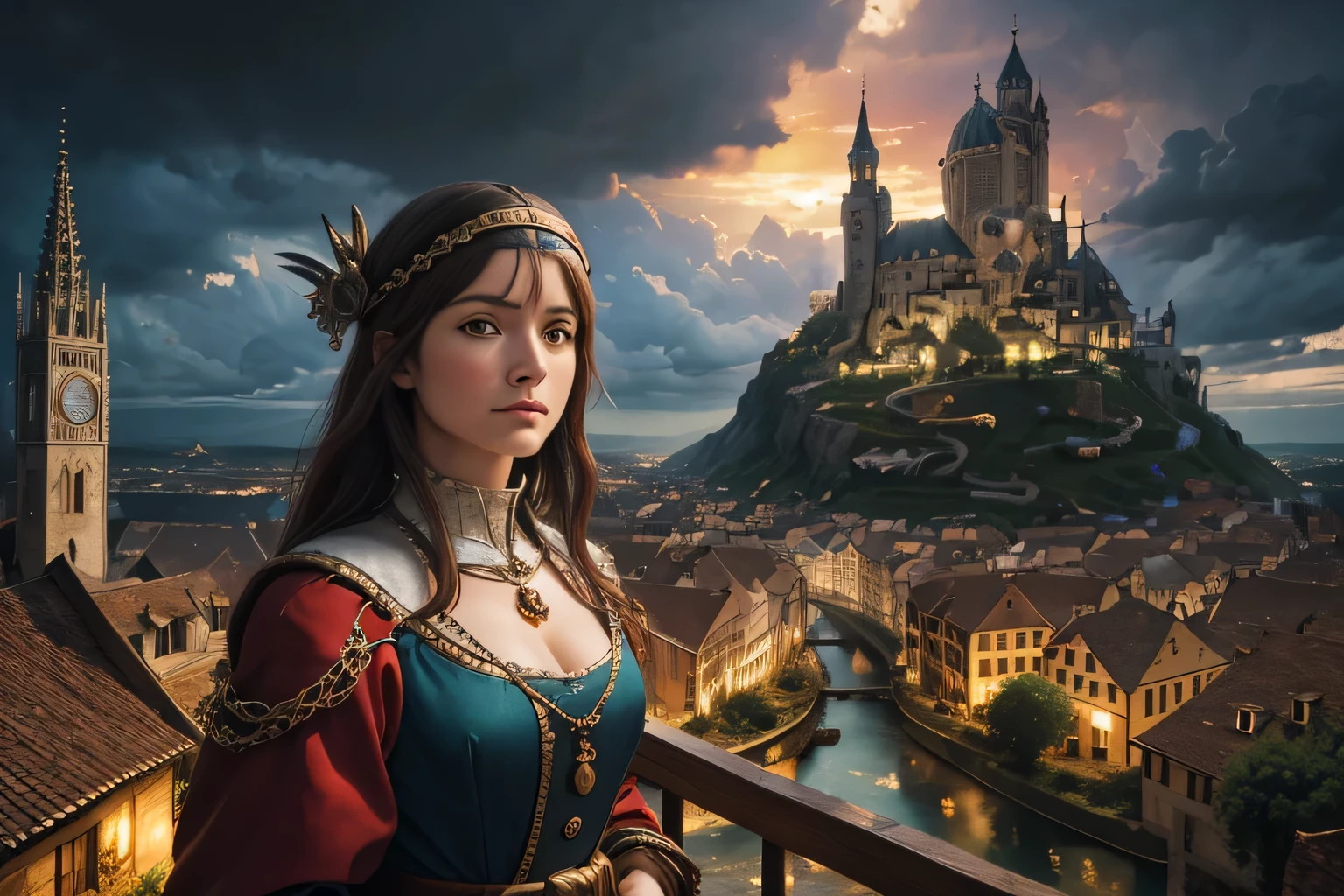 ((Bruegel)), ((Bosch)) e ((Deu)) estilo .close up of a Lindo ((Mulher)) inside a surreal medieval village at sunset on a stormy night, alucinante. aerial plains, ships in the sky.Peixe.eagles. estilo remarkable dramatic clouds, Fantastic, surrealista, elegante, Lindo, High definition, design impressionante, Intricado, Lindo, premiado, Fantastic view, Fantasia, elaborar, HDR, crisp quality