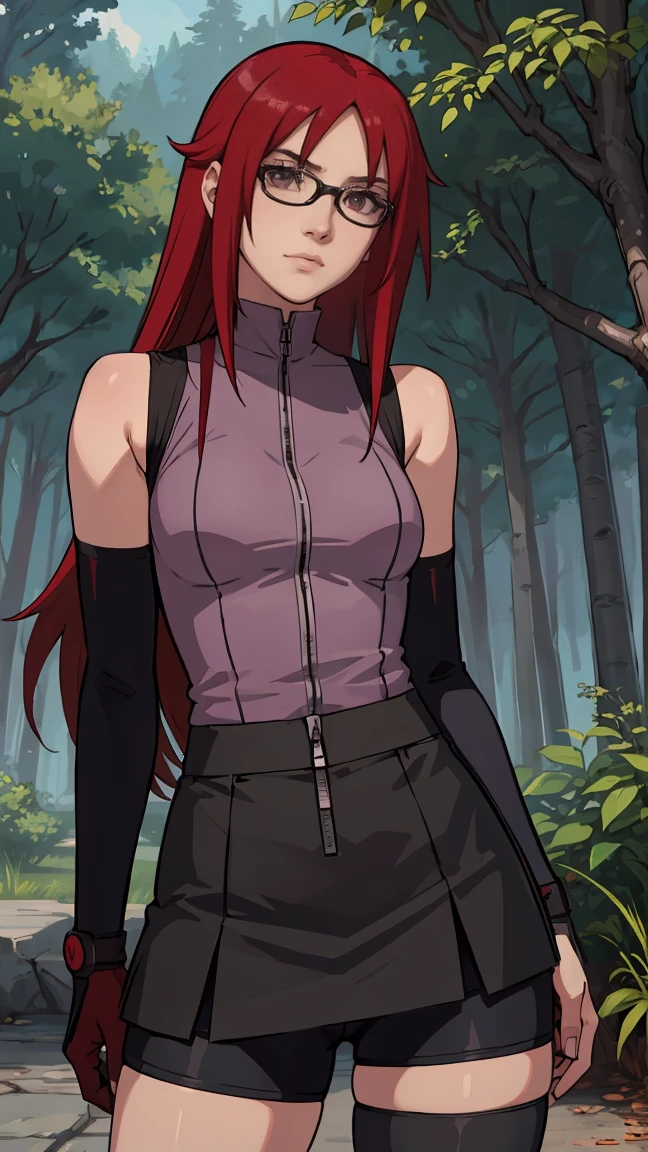 (masterpiece:1.2, best quality:1.2, beautiful, high quality, highres:1.1), detailed, extremely detailed 4K, perfect eyes, perfect face, perfect lighting, (1girl, solo, adult female, mature female), thin, lithe body,
karin, very long red hair, red eyes, glasses, (flat chest:1.2), glasses, red eyes
Pale violet sleeveless shirt, black straight tight shorts , bike shorts under skirt, black stockings, combat gloves,
(outside, trees,uchiha clan background:1.2), closed clothes, closed zipper shirt, (( serene calm, elegant )) sexy curves, 8k