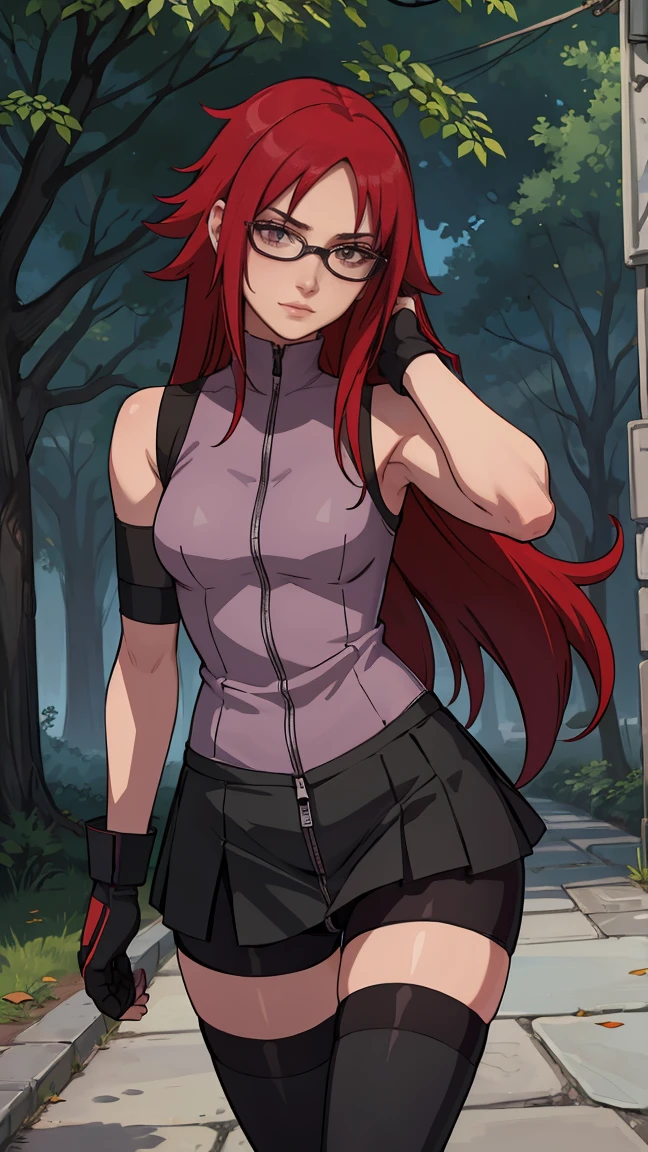 (masterpiece:1.2, best quality:1.2, beautiful, high quality, highres:1.1), detailed, extremely detailed 4K, perfect eyes, perfect face, perfect lighting, (1girl, solo, adult female, mature female), thin, lithe body, 
karin, very long red hair, red eyes, glasses, (flat chest:1.2), glasses, red eyes
Pale violet sleeveless shirt, black straight tight shorts , bike shorts under skirt, black stockings, combat gloves, 
(outside, trees,uchiha clan background:1.2), closed clothes, closed zipper shirt, (( serene calm, elegant ))  sexy curves, 8k