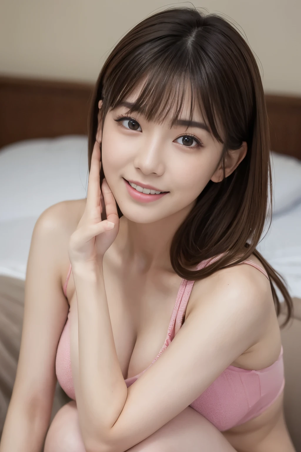 (masterpiece:1.3), (8K, Photoreal, Raw photo, best image quality: 1.4), 1 Japan Girl、hair is dirty, asymmetrical bangs, light brown hair、cleavage:1.2、super detail face、eye for details、double eyelid、chest to chest、sharp focus:1.2、Beautiful woman:1.4、light brown hair、highest quality、masterpiece、Super high resolution、(Photoreal:1.4)、Highly detailed and professionally lit smiles、thin、armpit, Sweat, girl、Nogizaka Idol、korean idol、Gravure idol pose、actress、19 years old、expensive, thin、side、slim, huge breasts, pussy, thin脚, swollen nipples, (put your knees up), hug your feet, From the side,