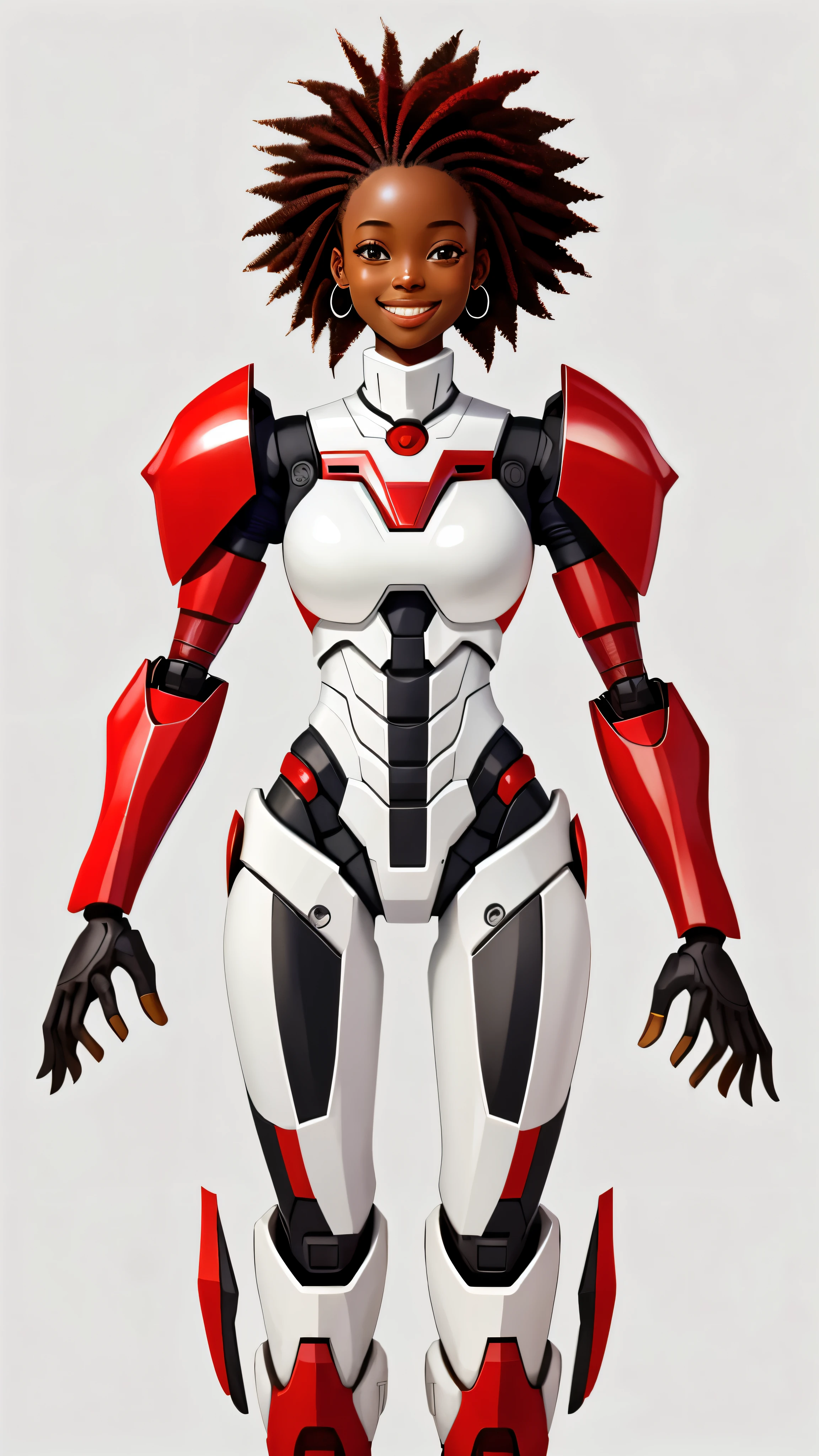 tout le corps/ très belle fille souriante africaine robot rouge avec des poils noirs bas/ parties du corps complètes/ fond blanc complet