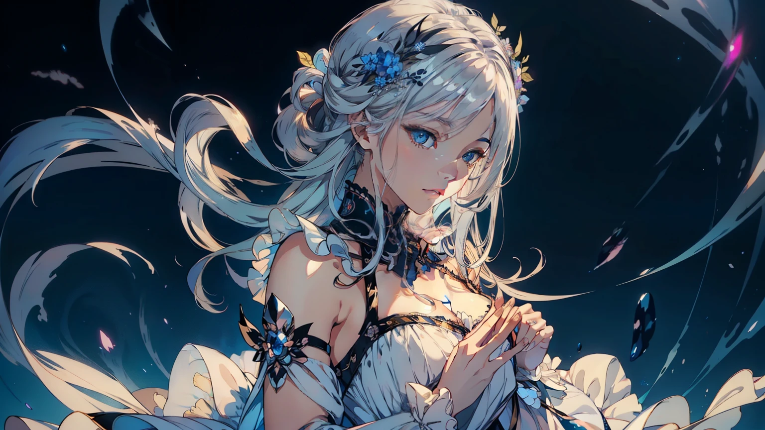 Aim from above、official art, ヨーロッパのmasterpiece女性,, pale silver hair , deep blue eyes, (masterpiece、highest quality、High resolution: 1.4),In 8K, anime art nouveau, Highly detailed exquisite fan art, anime fantasy illustration, clean detailed anime art, detailed anime art, sharp focus of a person, Delicate Beautiful Hair and Eyes and Face, genuine, Super detailed, flower garden,(( delicate and cute hands)),((elegant shiny dress)),((Lots of races)),((lots of frills)),((lots of ribbons))