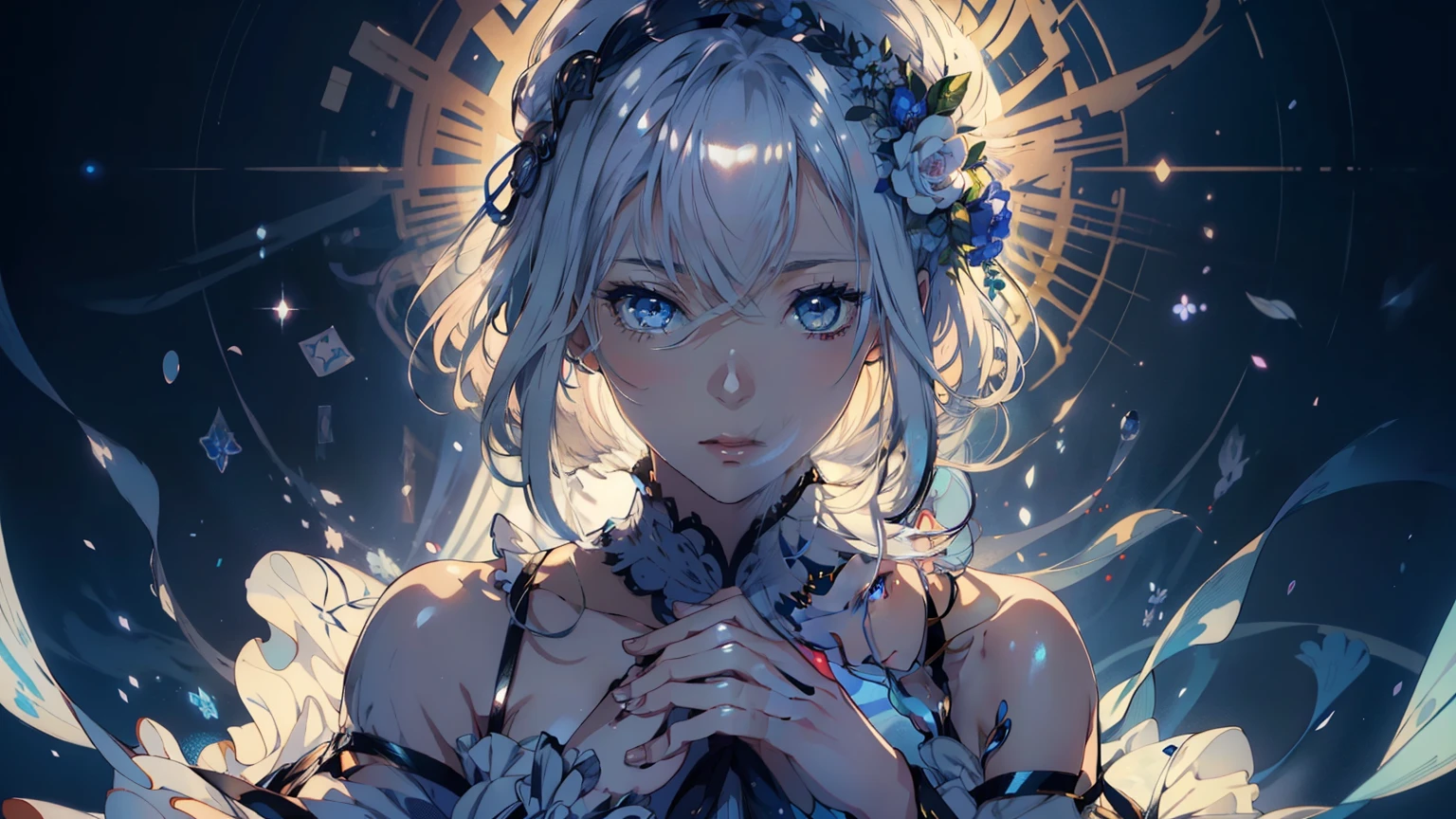 Aim from above、official art, ヨーロッパのmasterpiece女性,, pale silver hair , deep blue eyes, (masterpiece、highest quality、High resolution: 1.4),In 8K, anime art nouveau, Highly detailed exquisite fan art, anime fantasy illustration, clean detailed anime art, detailed anime art, sharp focus of a person, Delicate Beautiful Hair and Eyes and Face, genuine, Super detailed, flower garden,(( delicate and cute hands)),((elegant shiny dress)),((Lots of races)),((lots of frills)),((lots of ribbons))