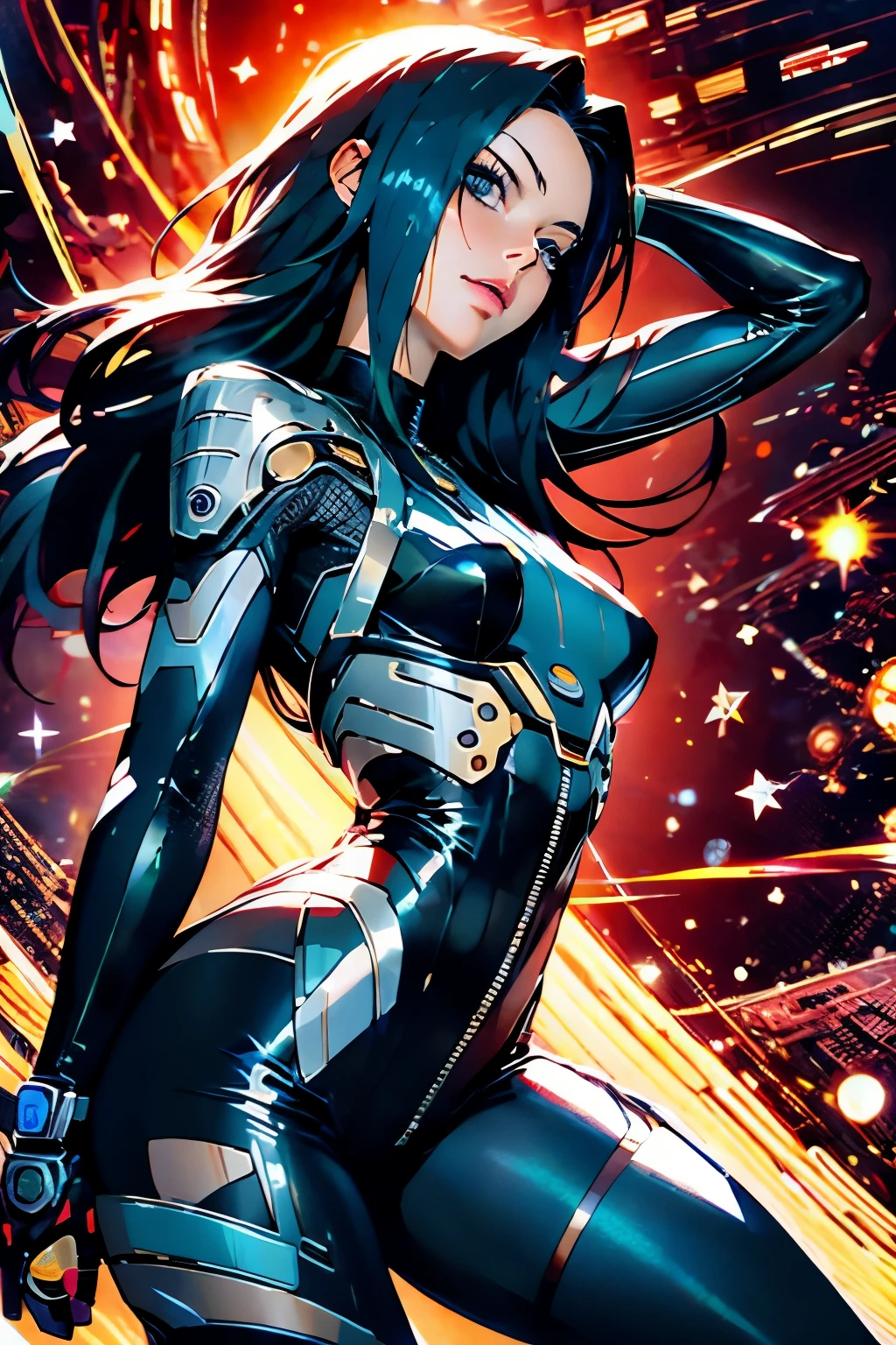 retro-futuristic, Showa-era anime-style sexy female pilot. The character should be inspired by works like Kiyoshi Kurosawa, Neon Genesis Evangelion, and Electronic Lover. Incorporate elements of double exposure, complex art, and a teeange Asian girl. The style should be anime-like, with perfect symmetry. The overall design should be anime-beautiful, with epic, intricate details. The design should blend classic Showa-era anime style with high-tech details, showcasing her dynamic and expressive poses in a body tight, chrome metallic pilot suit. She should have black hair, small breasts, a youthful, sexy appearance with a vibrant and slightly flirtatious demeanor. The background should be pure white. High resolution, ultra-detailed, cinematic lighting, anime style, no background. 