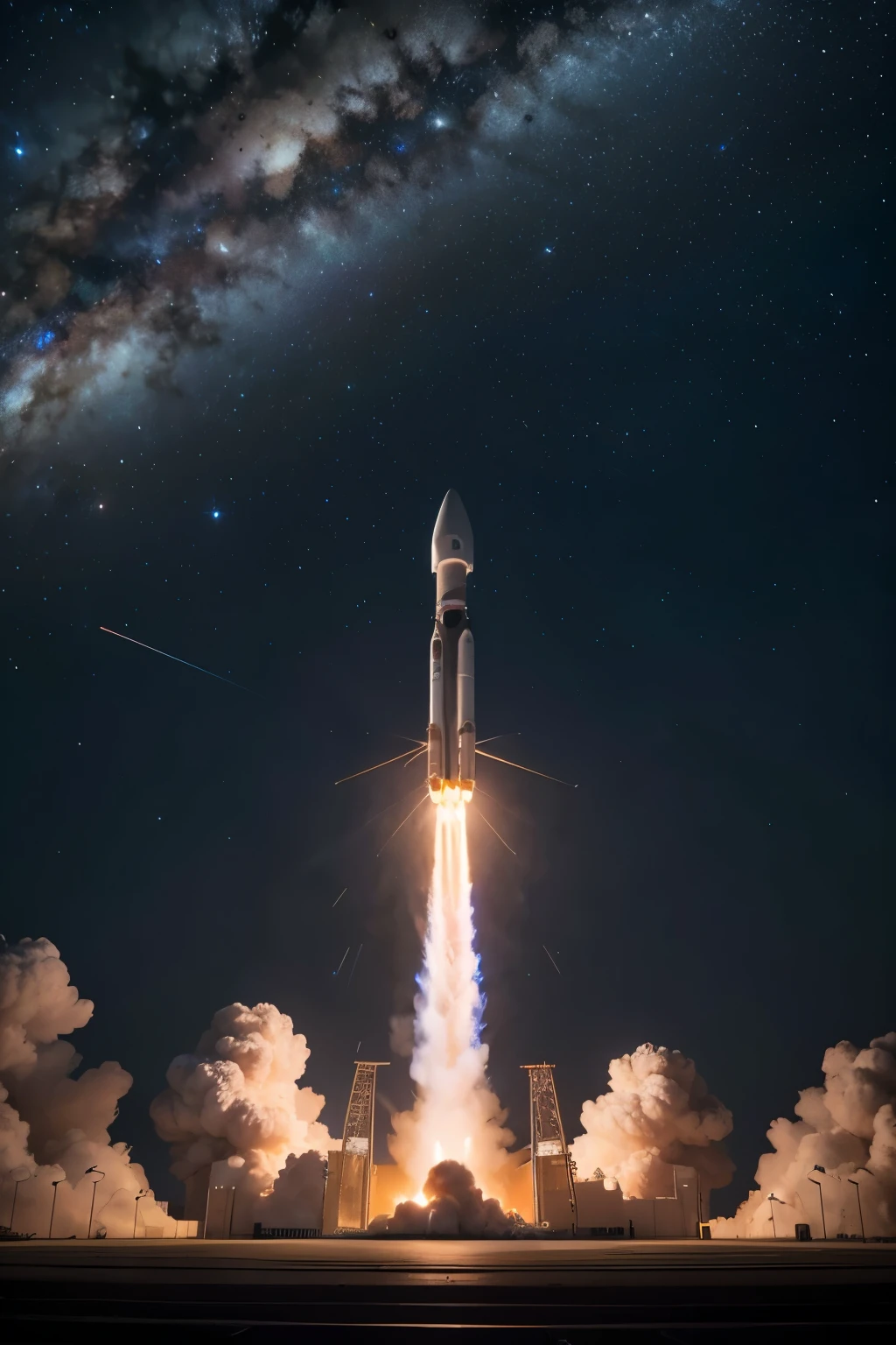 RAW, Best quality, high resolution, masterpiece: 1.3), Stunning rocket launch scene, Masterpiece, NASA's latest space mission, realistic:1.4, intricately detailed rocket design, huge fire plume, insanely detailed explosions, masterpiece:1.2, photorealistic:1.2, best quality, fine details, sharp focus, RAW photo, 8k, cinematic portrait, vibrant colors, dramatic lighting, night shot, bokeh effect, film grain, hyperrealism, ultra realism, cinematic perspective, stars shining in the background.
The rocket towered above the launchpad, ready to