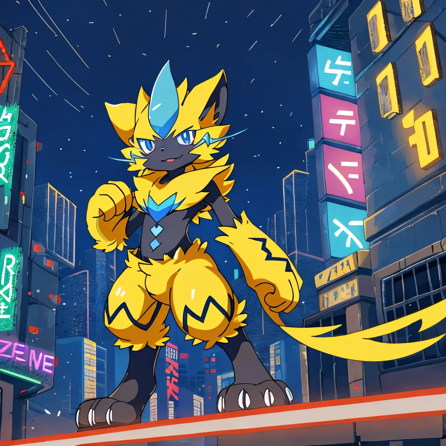 pixelart wallpaper,(best quality,highres),pixelated,zeraora,pokemon,electric type,anime style,vivid colors,sharp focus,night scene,cityscape,neon lights,lit up buildings.