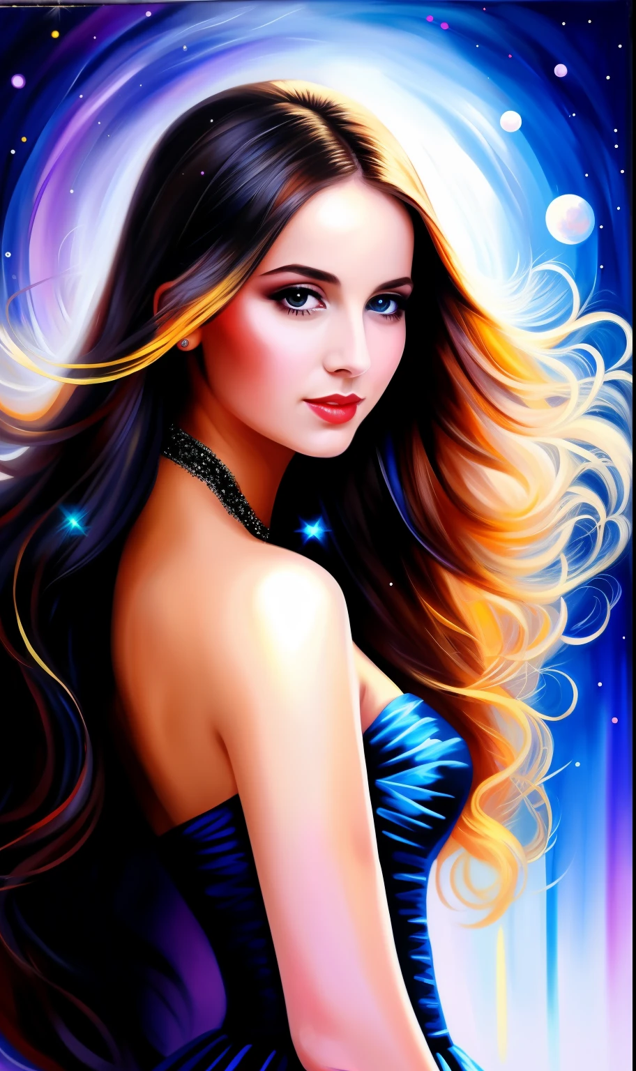 masterpiece, Best quality, 1 girl, One, ((mature woman)), round pupils, long hair, hair, princess, black dress, Fantasy, Happy, Looking at the viewer, cartoon, anime, (oil painting), light dispersion