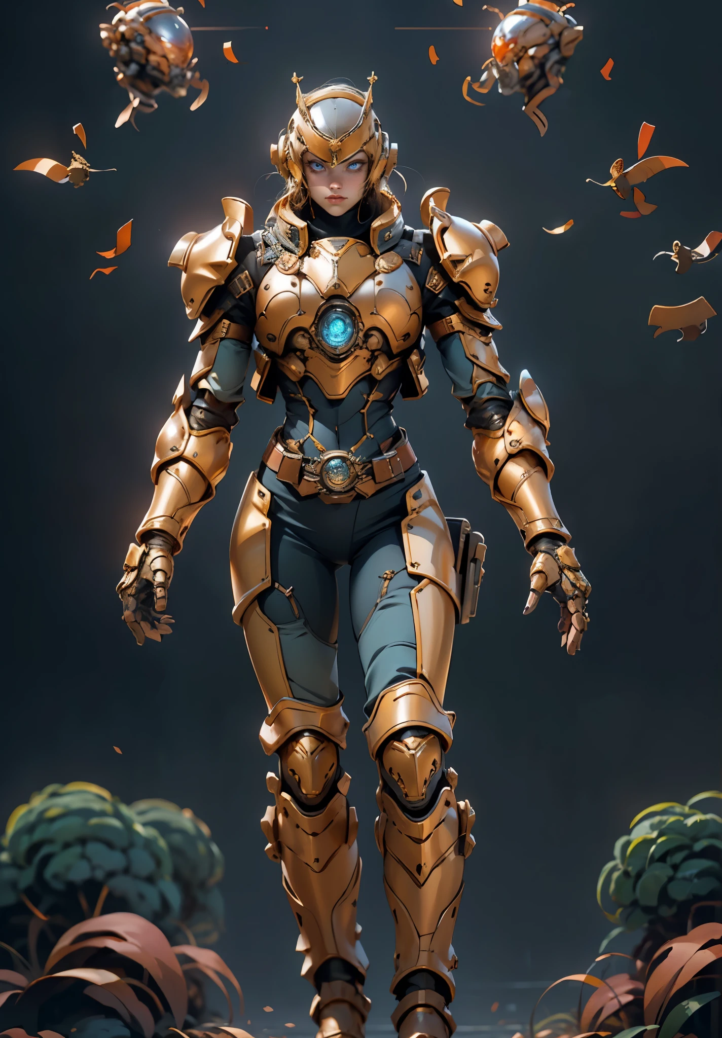 A woman adorned in fantasy-style full-body armor, a crown-concept fully enclosed helmet that unveils only her eyes, a composite layered chest plate, fully encompassing shoulder and hand guards, a lightweight waist armor, form-fitting shin guards, the overall design is heavy-duty yet flexible, the armor gleams with a golden glow, complemented by red and blue accents, exhibiting a noble aura, she floats above a fantasy-surreal high-tech city, this character embodies a finely crafted fantasy-surreal style armored hero in anime style, exquisite and mature manga art style, goddess, femminine, long legs, metallic, elegant, high definition, best quality, highres, ultra-detailed, ultra-fine painting, extremely delicate, professional, anatomically correct, symmetrical face, extremely detailed eyes and face, high quality eyes, creativity, RAW photo, UHD, 32k, Natural light, cinematic lighting, masterpiece-anatomy-perfect, masterpiece:1.5