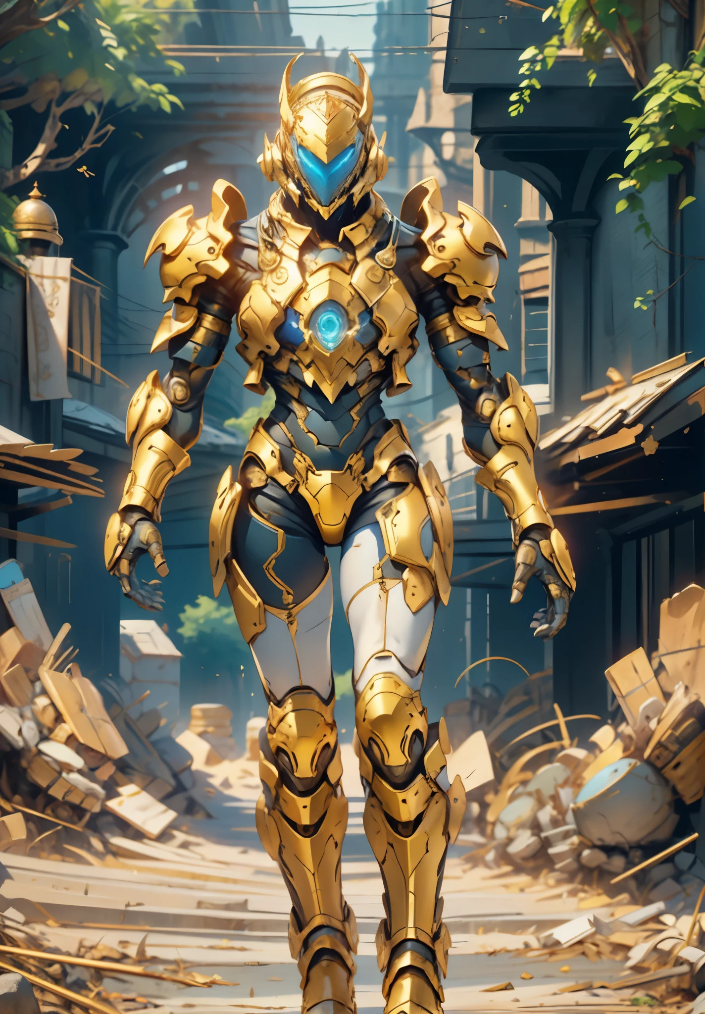 A woman adorned in fantasy-style full-body armor, a crown-concept fully enclosed helmet that unveils only her eyes, a composite layered chest plate, fully encompassing shoulder and hand guards, a lightweight waist armor, form-fitting shin guards, the overall design is heavy-duty yet flexible, the armor gleams with a golden glow, complemented by red and blue accents, exhibiting a noble aura, she floats above a fantasy-surreal high-tech city, this character embodies a finely crafted fantasy-surreal style armored hero in anime style, exquisite and mature manga art style, goddess, femminine, long legs, metallic, elegant, high definition, best quality, highres, ultra-detailed, ultra-fine painting, extremely delicate, professional, anatomically correct, symmetrical face, extremely detailed eyes and face, high quality eyes, creativity, RAW photo, UHD, 32k, Natural light, cinematic lighting, masterpiece-anatomy-perfect, masterpiece:1.5