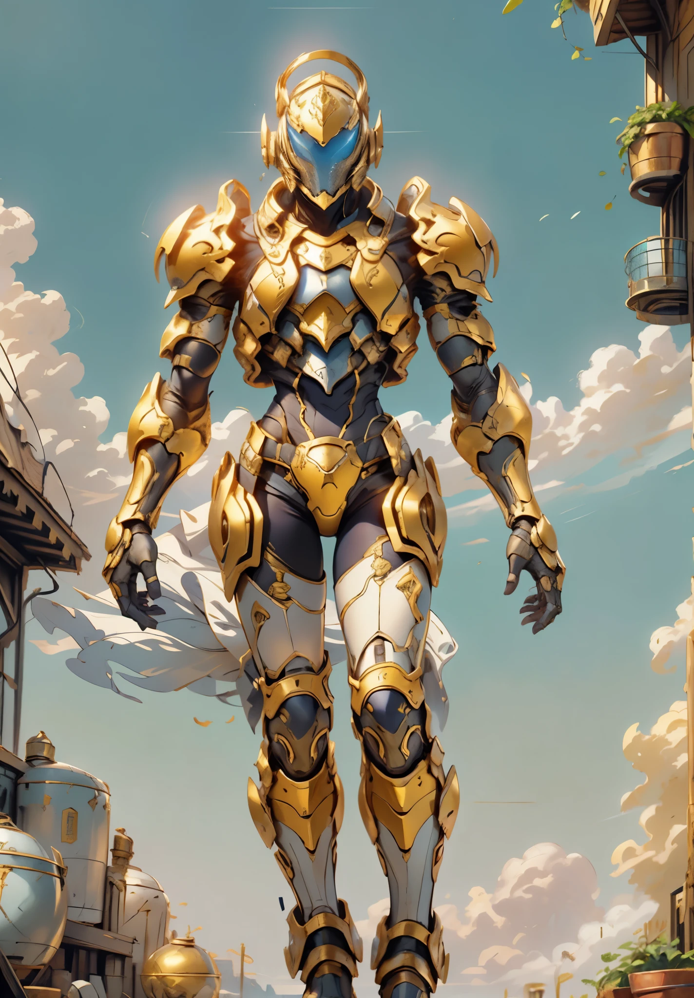 A woman adorned in fantasy-style full-body armor, a crown-concept fully enclosed helmet that unveils only her eyes, a composite layered chest plate, fully encompassing shoulder and hand guards, a lightweight waist armor, form-fitting shin guards, the overall design is heavy-duty yet flexible, the armor gleams with a golden glow, complemented by red and blue accents, exhibiting a noble aura, she floats above a fantasy-surreal high-tech city, this character embodies a finely crafted fantasy-surreal style armored hero in anime style, exquisite and mature manga art style, goddess, femminine, long legs, metallic, elegant, high definition, best quality, highres, ultra-detailed, ultra-fine painting, extremely delicate, professional, anatomically correct, symmetrical face, extremely detailed eyes and face, high quality eyes, creativity, RAW photo, UHD, 32k, Natural light, cinematic lighting, masterpiece-anatomy-perfect, masterpiece:1.5