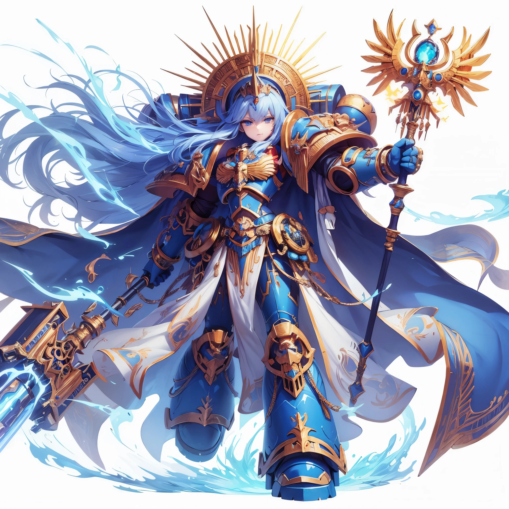 Masterpiece, best quality, ultra-detailed, anime style, solo, full body of chaos space marine girl, azure blue power armor with gold trim, Headdress in the shape of two long horns, Egyptian-style accessory and holds up sorcerer's staff, wearing raised boots, supernatural flame and lightning, standing on battle ground, Warhammer 40K, 8k high resolution, trending art station, white background, whole body,