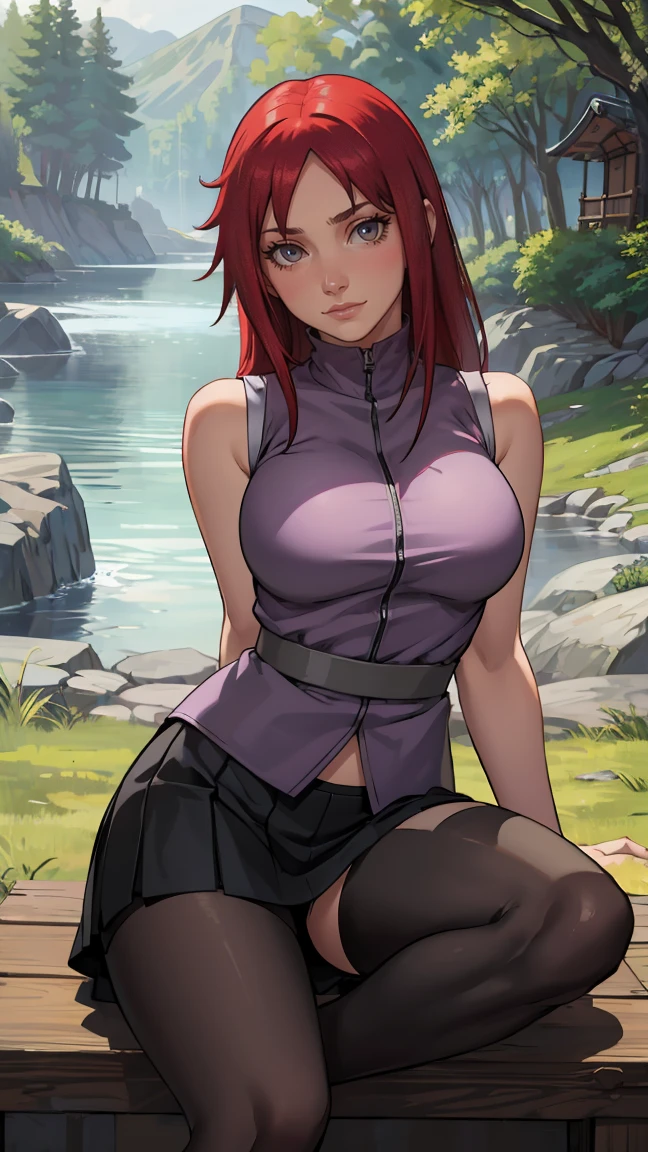 (masterpiece:1.2, best quality:1.2, beautiful, high quality, highres:1.1), detailed, extremely detailed 4K, perfect eyes, perfect face, perfect lighting, (1girl, solo, adult female, mature female), thin, lithe body,
karin, long red hair, red eyes, glasses, (big breasts), sitting
(Pale violet sleeveless shirt), black straight skirt, bike shorts under skirt, black stockings, combat gloves, red ey color, cute looking, embarrassed
(outside, trees, japanese village background:1.2), closed clothes, closed zipper shirt, ((((sensual seductive, busty)))), high quality,
