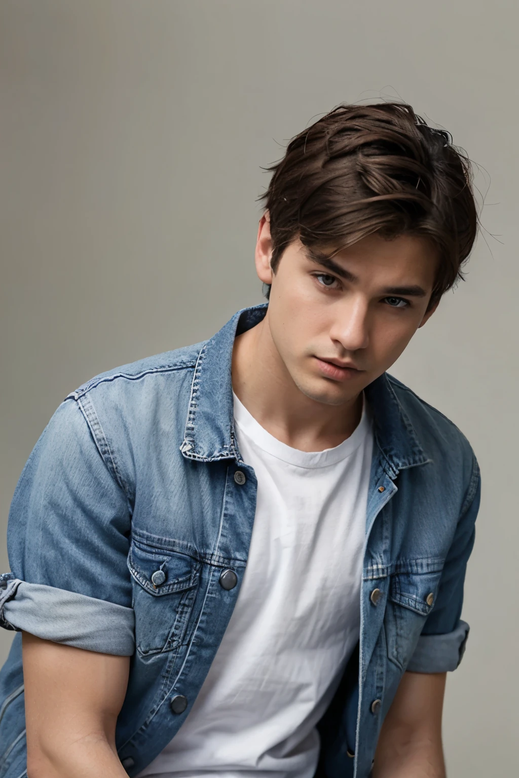 boy wearing blue jean jacket and white t-shirt, up hair style with plain background