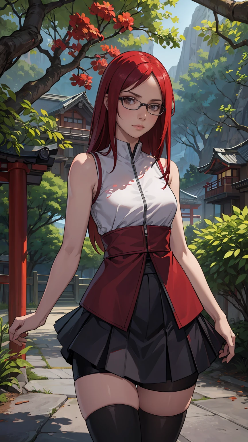 (masterpiece:1.2, best quality:1.2, beautiful, high quality, highres:1.1), detailed, extremely detailed 4K, perfect eyes, perfect face, perfect lighting, (1girl, solo, adult female, mature female), thin, lithe body, 
karin, long red hair, red eyes, glasses, (flat chest:1.2), glasses, red eyes
Pale violet sleeveless shirt, black straight skirt, bike shorts under skirt, black stockings, combat gloves, 
(outside, trees, japanese village background:1.2), closed clothes, closed zipper shirt, (( serene calm, elegant )) 