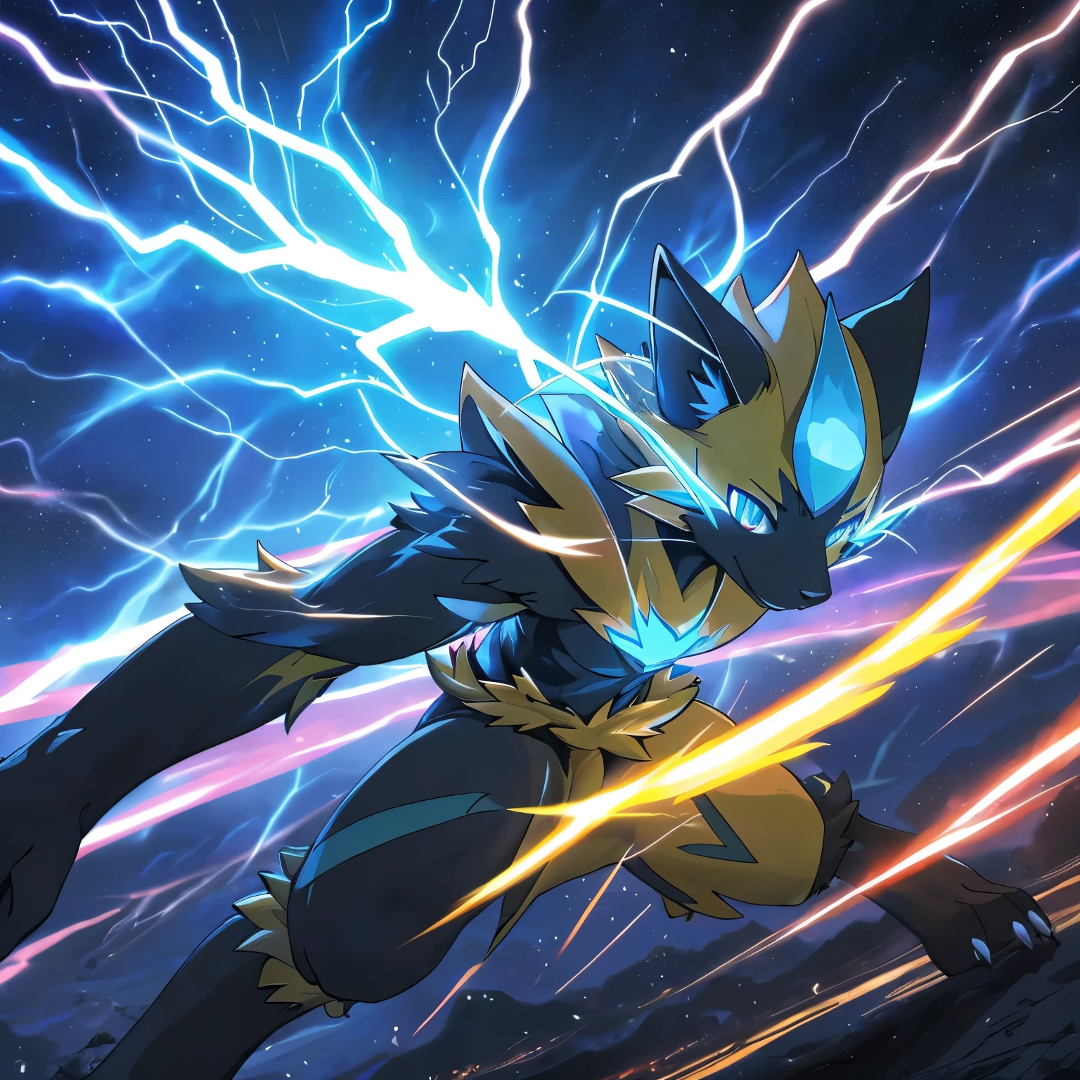 highres,(best quality,4k,8k,highres,masterpiece:1.2),ultra-detailed,(realistic,photorealistic,photo-realistic:1.37),digital art,portrait,anime,neon lights,colorful,electric blue,shiny,sparks,glowing eyes,enigmatic expression,zeraora pokemon,powerful and majestic creature,electricity surging through its fur,sharp claws,striking lightning bolts in the background,dynamic pose in mid-air,visible energy waves emanating from its body,atmospheric and mysterious backdrop,nighttime cityscape,blurred motion effect,energetic and vibrant visual style,impressive depth and dimensionality,stylistic color gradients,captivating attention to detail