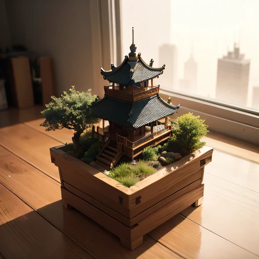 small realistic model, (bifurcation, original photo, best quality, masterpiece:1.4),Steampunk Cyberpunk6916,(Cyberpunk light:1.3),on the desert,horizon (related to land),(in a small nature box:1.3),Isometric, small nature, landscape on foundation,landscape,Distant focus((Lunar soil background))