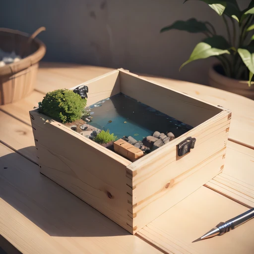 small realistic model, (bifurcation, original photo, best quality, masterpiece:1.4),Steampunk Cyberpunk6916,(Cyberpunk light:1.3),on the desert,horizon (related to land),(in a small nature box:1.3),Isometric, small nature, landscape on foundation,landscape,Distant focus((Lunar soil background))