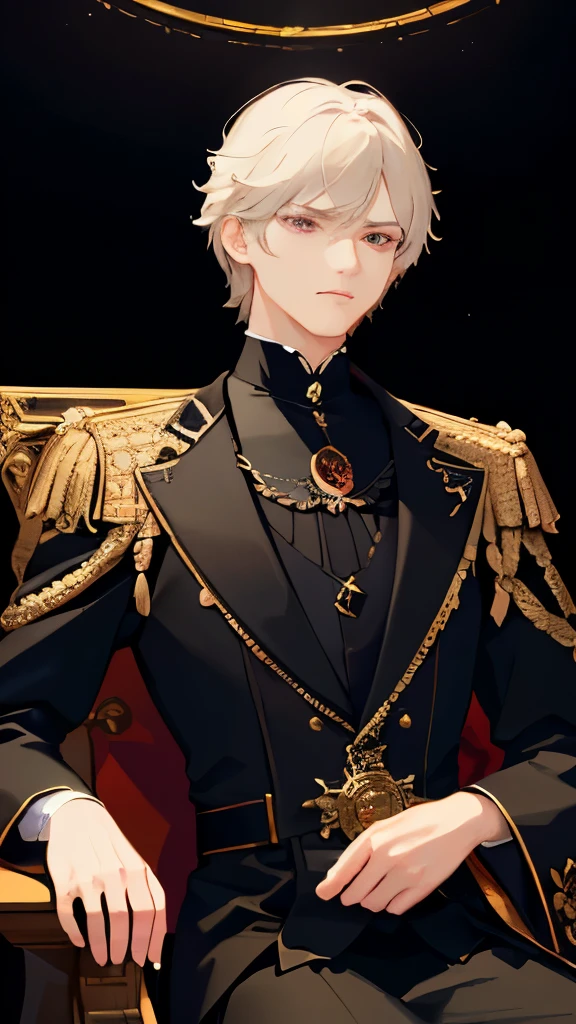 (masterpiece:1.2), best quality, (illustration:1.2), (Super detailed), Super details, (Delicate and meticulous), (intricate details), (Light, best quality Backlights), clear lines, from below, soloist, Perfect body, (1 male), ((masculine male)), Short white hair and ruby eyes, (Black prince-like clothes:1.1), seated on a throne, Eyes slightly closed, bow your head, (angry: 1.2 ), high contrast, (best lighting, Extremely creative and beautiful), (Light), rich and colorful,