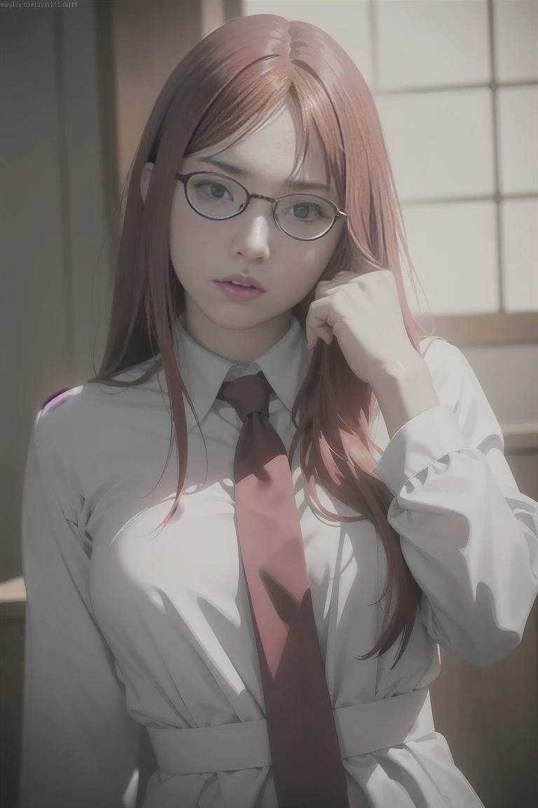 (((masterpiece, best quality, photo realistic))), (shiny skin), anatomically correct, delicated drawn hands and fingers, Cinematic lighting, physically-based rendering, award-winning, extremely detailed skin, extra detailed face, eyes with beautiful details, Carl Zeiss 85 mm F/1.4, BREAK, (1girl, solo), very cute is wearing Japanese school uniforms, (glossy red hair, long hair, bangs, red eyes, glasses, medium breasts), white collared shirt, satin fabric red stripe necktie, looking for camera, no expression, standing, (ID photo), extreme close shot, face focus, view from forward, blue red background,