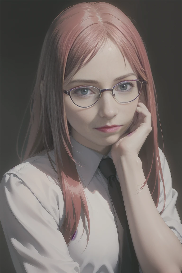 (((masterpiece, best quality, photo realistic))), (shiny skin), anatomically correct, delicated drawn hands and fingers, Cinematic lighting, physically-based rendering, award-winning, extremely detailed skin, extra detailed face, eyes with beautiful details, Carl Zeiss 85 mm F/1.4, BREAK, (1girl, solo), very cute 16-year-old girl is wearing Japanese school uniforms, (glossy red hair, long hair, bangs, red eyes, glasses, medium breasts), white collared shirt, satin fabric red stripe necktie, looking for camera, no expression, standing, (ID photo), extreme close shot, face focus, view from forward, blue red background,