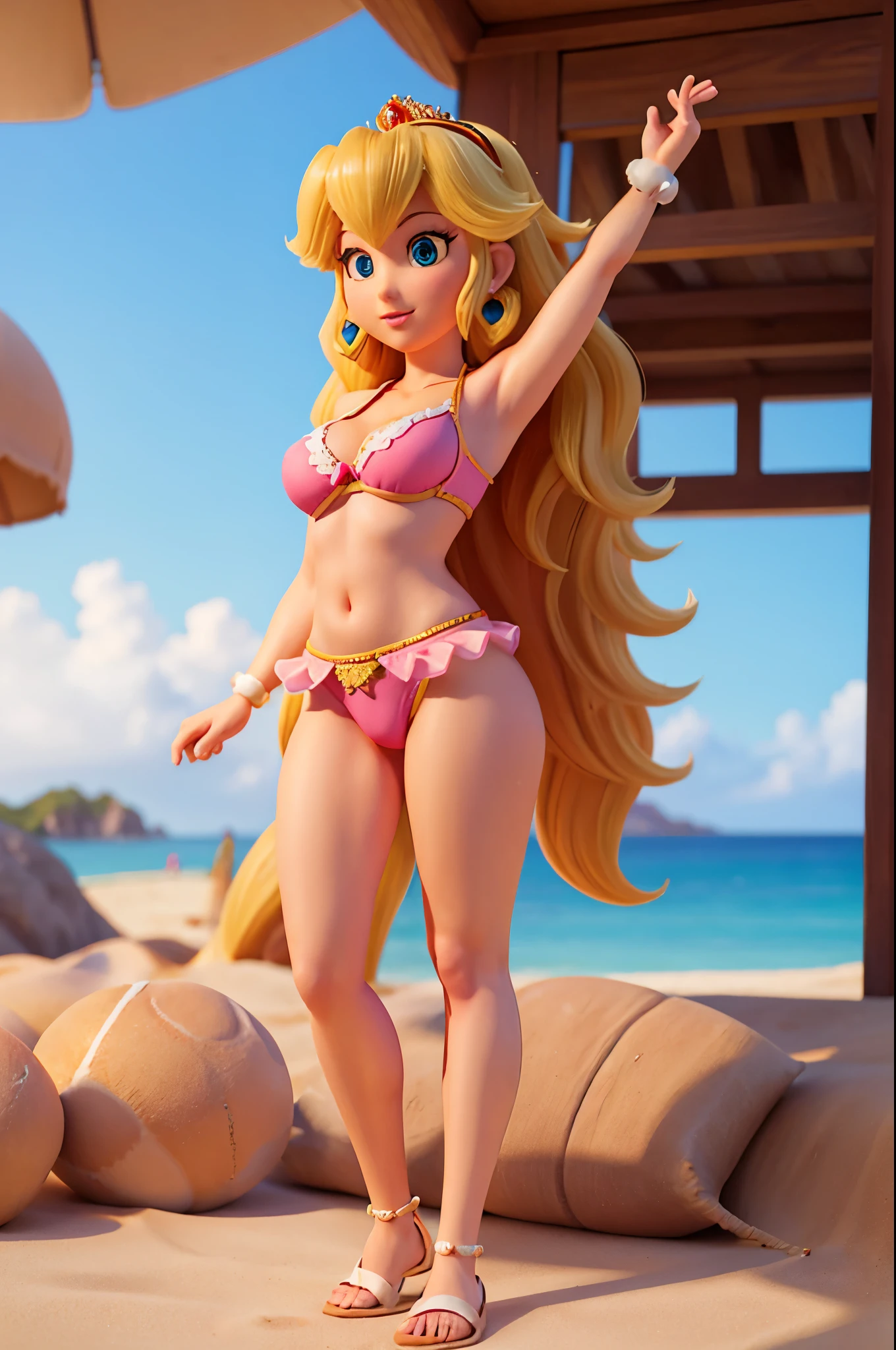 All textures in high quality and realistic details, princess peach,underwear, beach,view crotch